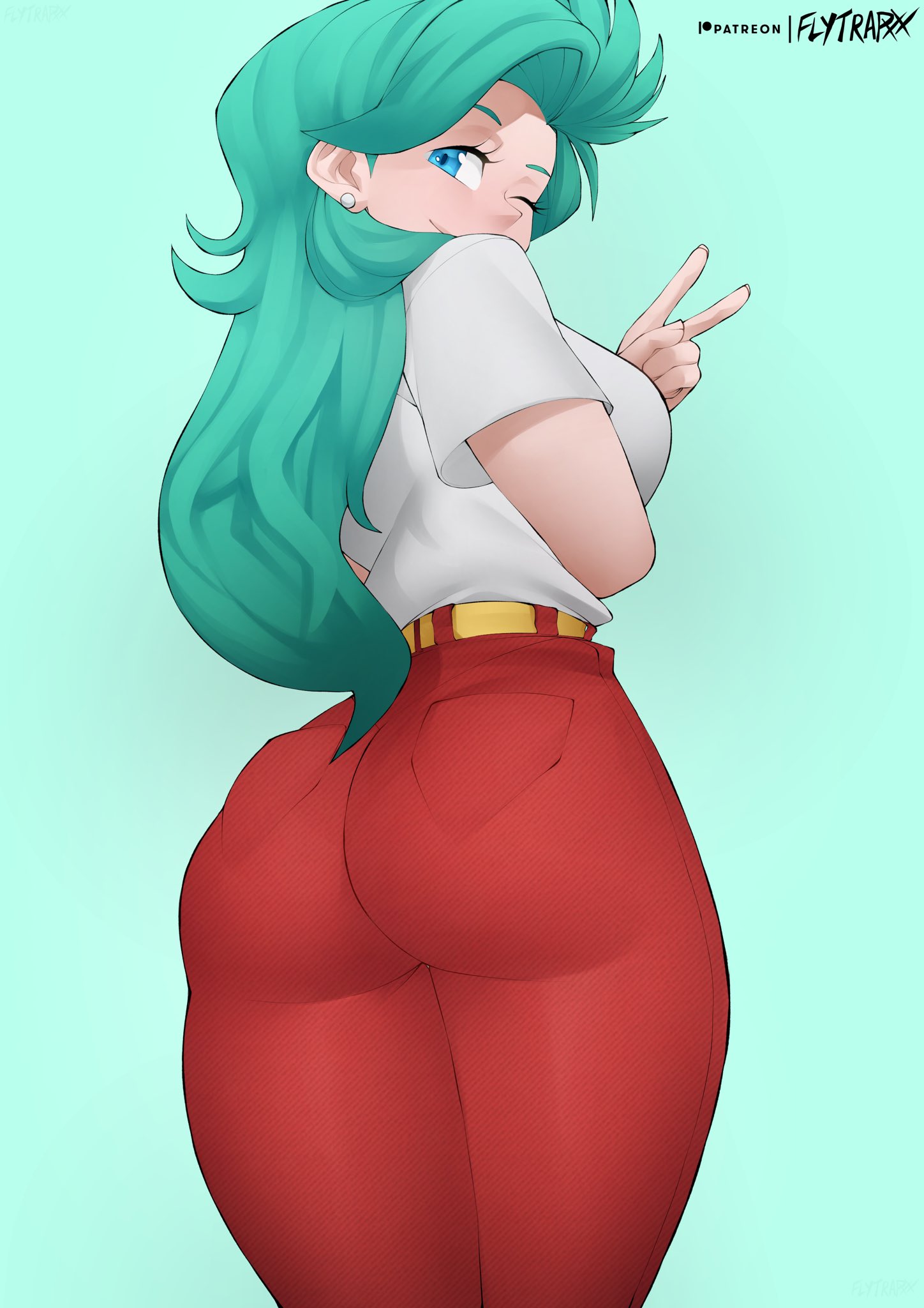 1girls, aqua eyes, aqua hair, ass, big ass, blue hair, breasts, bulma briefs, bulma briefs (post saiyan saga), dragon ball, dragon ball z, eye contact, female, female only, flytrapxx, long hair, looking at viewer, looking back, one eye closed, peace sign, sideboob, solo, standing, thick thighs, tight clothing, tight pants, wink