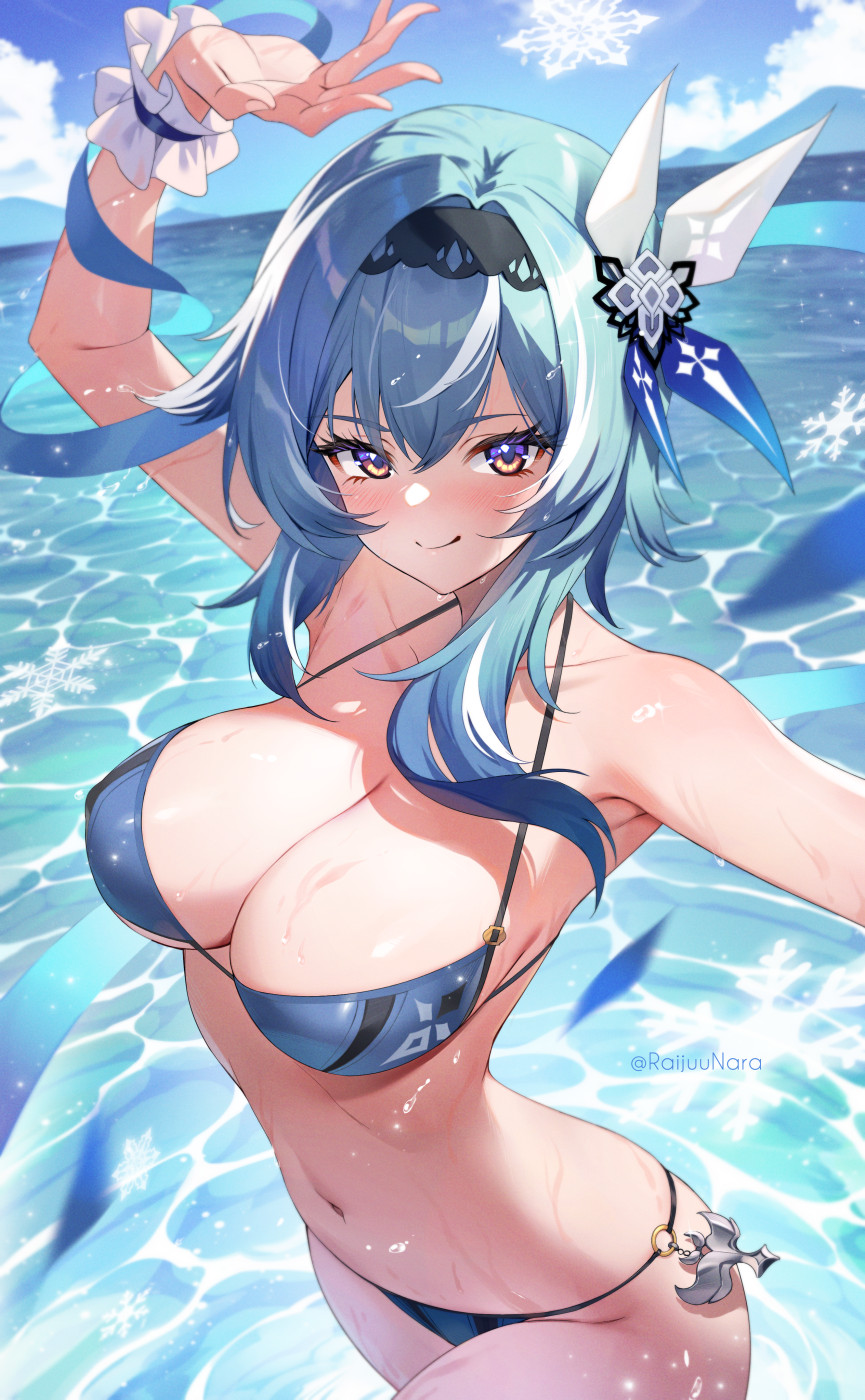 1girls, armwear, big breasts, bikini, bikini bottom, bikini top, blue bikini, blue hair, blush, bottomwear, breasts, cleavage, eula (genshin impact), female, female only, genshin impact, hair, hair ornament, headwear, huge breasts, mature, mature female, raijuu (bakanara), short hair, smile, solo, solo female, swimwear, topwear, water