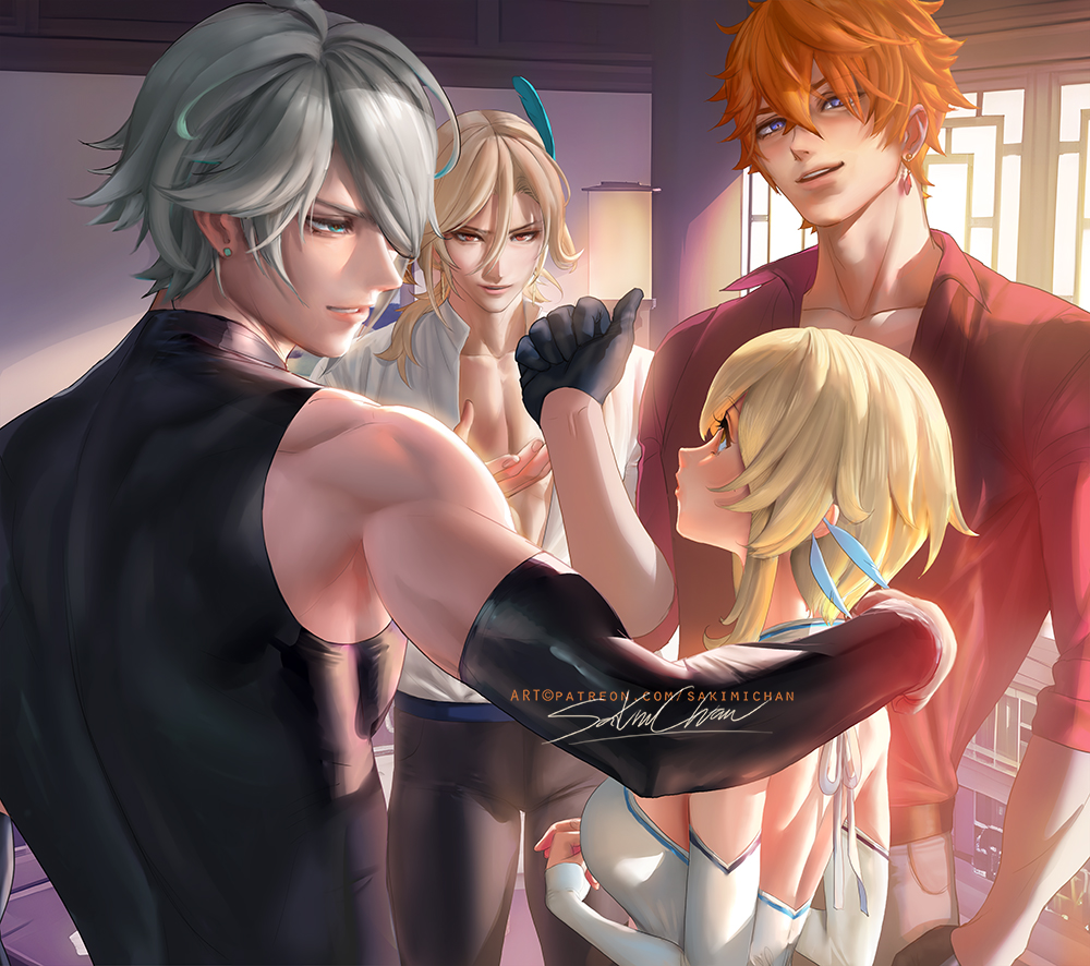 1girls, 3boys, alhaitham (genshin impact), bigger male, blonde female, blonde hair, childe (genshin impact), female, genshin impact, ginger, gloves, height difference, inviting, kaveh (genshin impact), light skin, lumine (genshin impact), male, male/female, muscular, muscular male, petite female, sakimichan, taller male, tartaglia (genshin impact), tight clothing