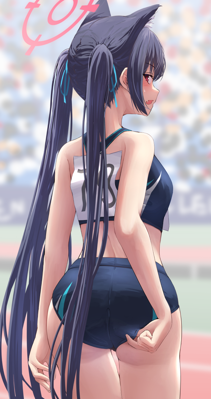 1girl 1girls abydos_high_school_student black_hair black_top blue_archive cat_ears foreclosure_task_force_(blue_archive) long_hair looking_at_viewer open_eyes pink_eyes serika_(blue_archive) silver_bullet silver_bullet_(ecc12_8) sports_bra sportswear