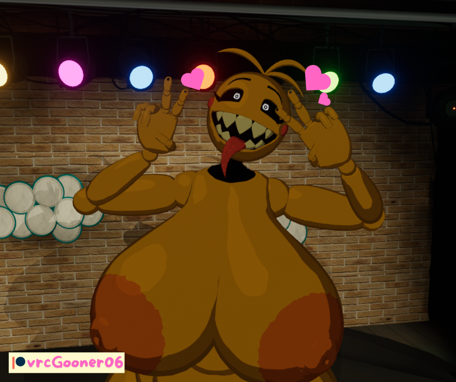 ahe_gao chica_(fnaf) female five_nights_at_freddy's fnaf heart huge_breasts peace_sign tongue_out vrcgooner06 vrchat