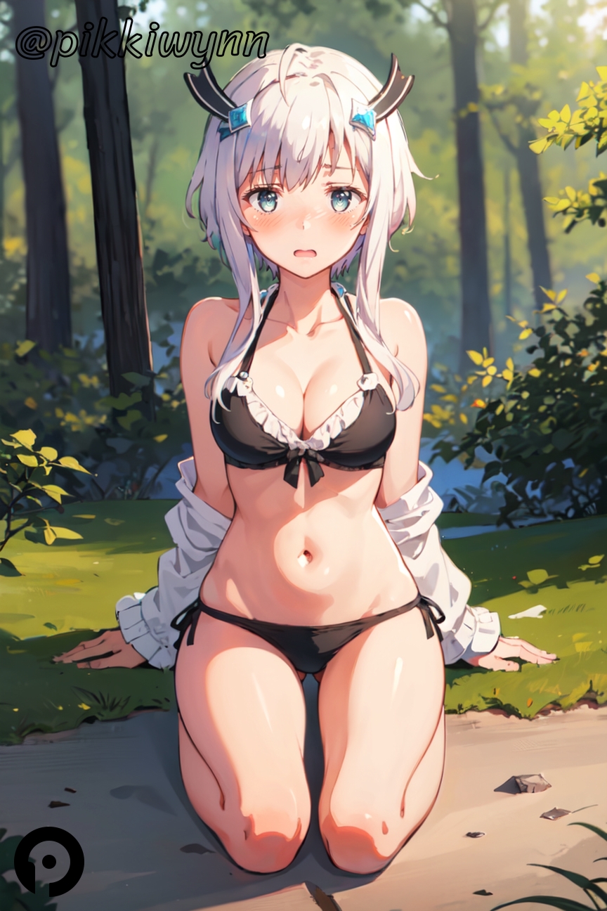 ai_generated ass_visible_through_thighs bangs bare_shoulders bikini black_bikini blue_eyes blush breasts cleavage collarbone day female frilled_bikini frills front-tie_top hair_ornament halterneck jacket long_sleeves looking_at_viewer maou_gakuin_no_futekigousha medium_breasts misha_necron nature navel off_shoulder open_clothes open_mouth outdoors pikkiwynn short_hair_with_long_locks side-tie_bikini_bottom sidelocks sitting solo stomach swimsuit thighs tree white_hair white_jacket