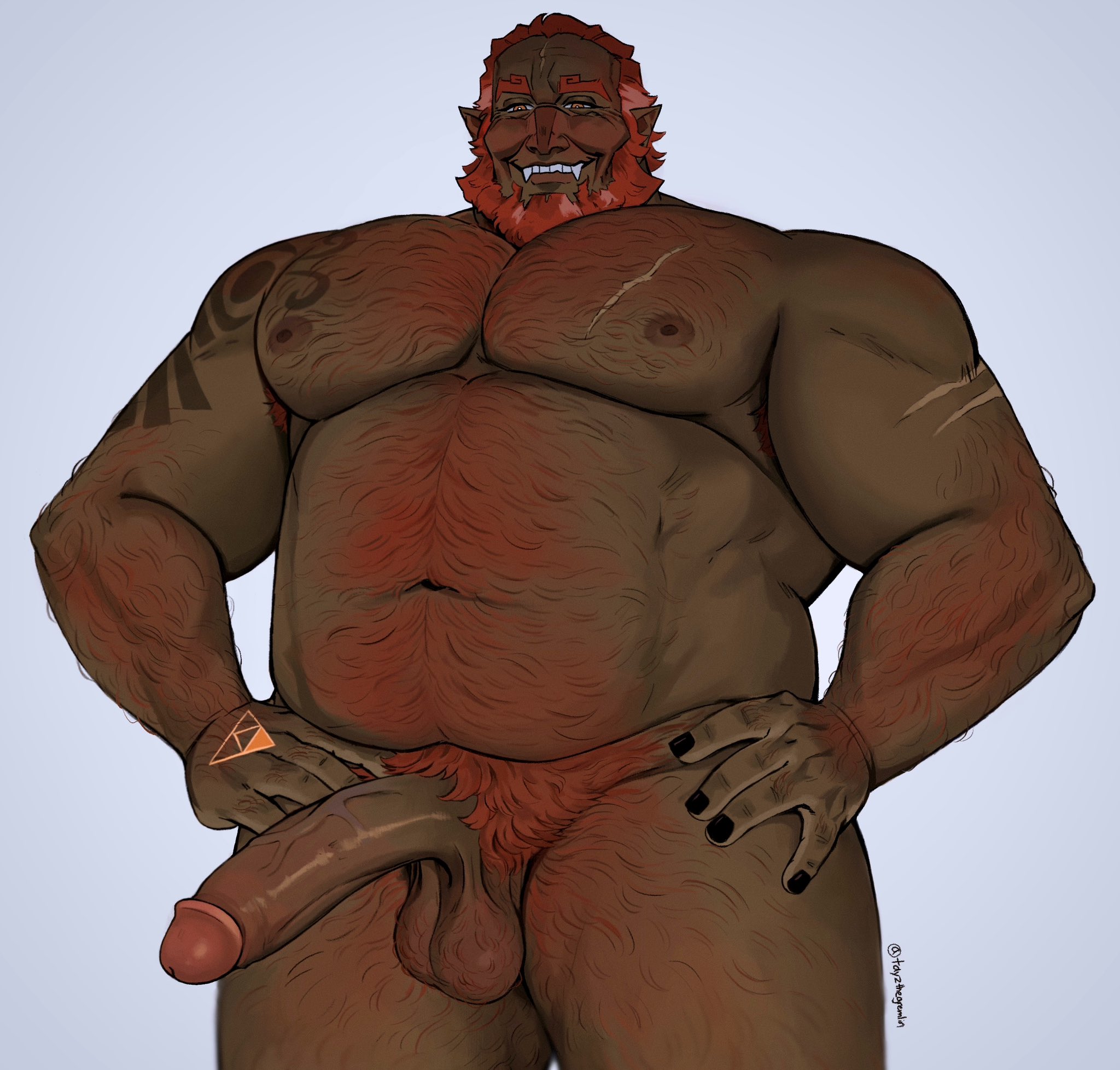 balls, beard, big penis, body hair, boner, dark skin, dark-skinned male, erection, facial hair, ganondorf, ganondorf (tears of the kingdom), gerudo, male, male only, nintendo, nude, penis, red hair, solo, solo male, tayzthegremlin, tears of the kingdom, the legend of zelda