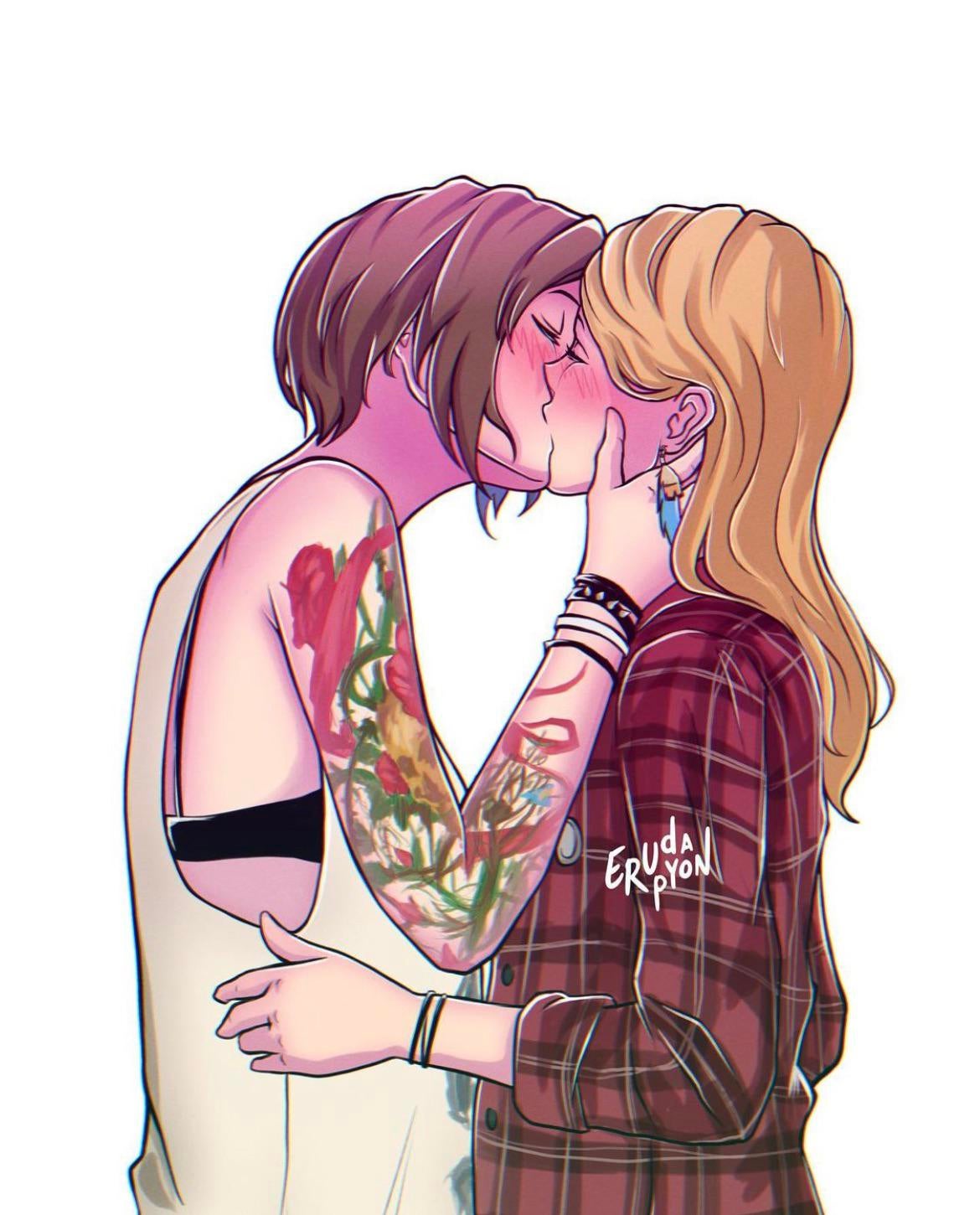 2girls, artist name, bra, bracelets, brown hair, brunette, canon couple, chloe price, couple, duo, eruda pyon, female, female only, female/female, fully clothed, hand on head, holding face, hug, kiss, kissing, life is strange, light skin, light-skinned female, long hair, multiple females, multiple girls, rachel amber, short hair, simple background, solid color background, tattoo, white background, wholesome, yuri