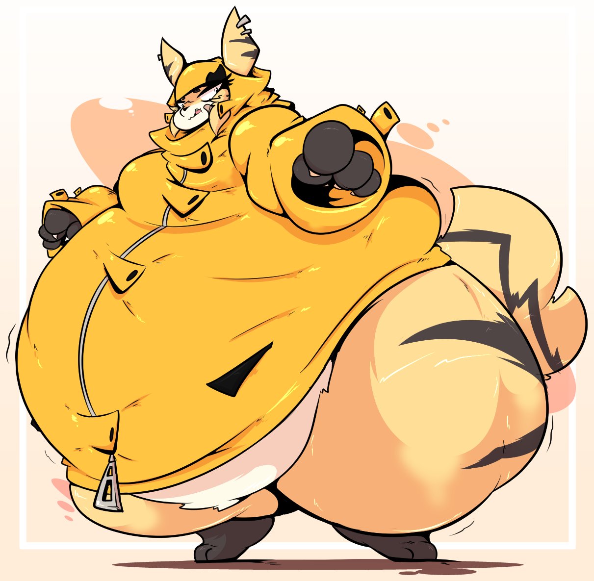 anthro big_belly big_breasts breasts feline huge_ass huge_belly overweight overweight_female rakugakite thick_thighs wide_hips yellow_jacket yellow_jacket_(clothing)