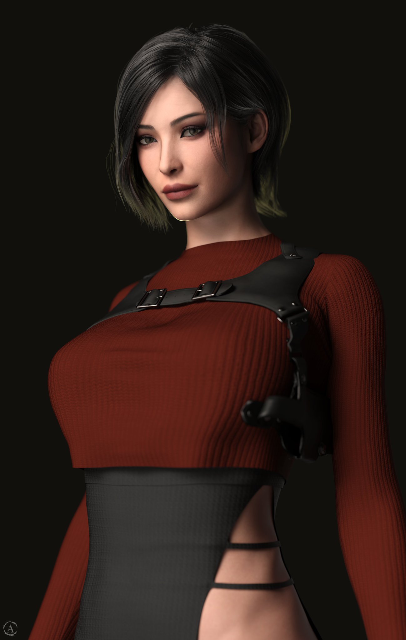 1girls, 3d, ada wong, alf3d, asian, asian female, black hair, capcom, clothed, clothed female, clothing, cropped torso, female, female focus, female only, holster, human, light skin, light-skinned female, lips, long sleeves, red sweater, resident evil, resident evil 4, resident evil 4 remake, shoulder holster, solo, sweater, upper body, video game character, waist