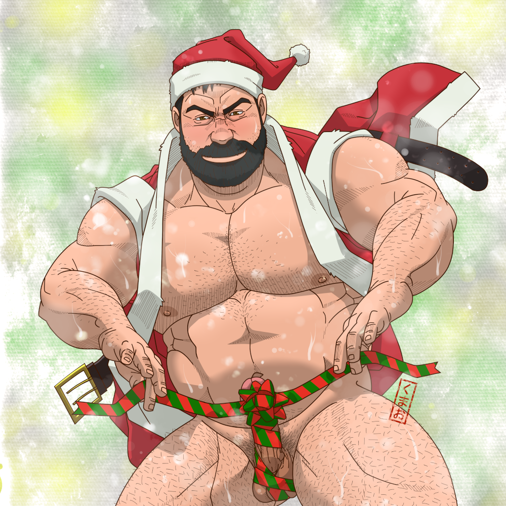 1boy bara bare_pectorals beard blush christmas connected_beard cowboy_shot erection facial_hair full_beard gift_wrapping hairy hat kumao-caffe large_pectorals looking_at_viewer male_focus mature_male muscular muscular_male nipples old old_man original pectorals pubic_stubble red_headwear robot_penis santa_costume santa_hat short_hair snowing solo sparse_arm_hair sparse_chest_hair sparse_navel_hair strongman_waist thick_beard thick_eyebrows thick_leg_hair thick_mustache thick_thighs thighs wrinkled_skin