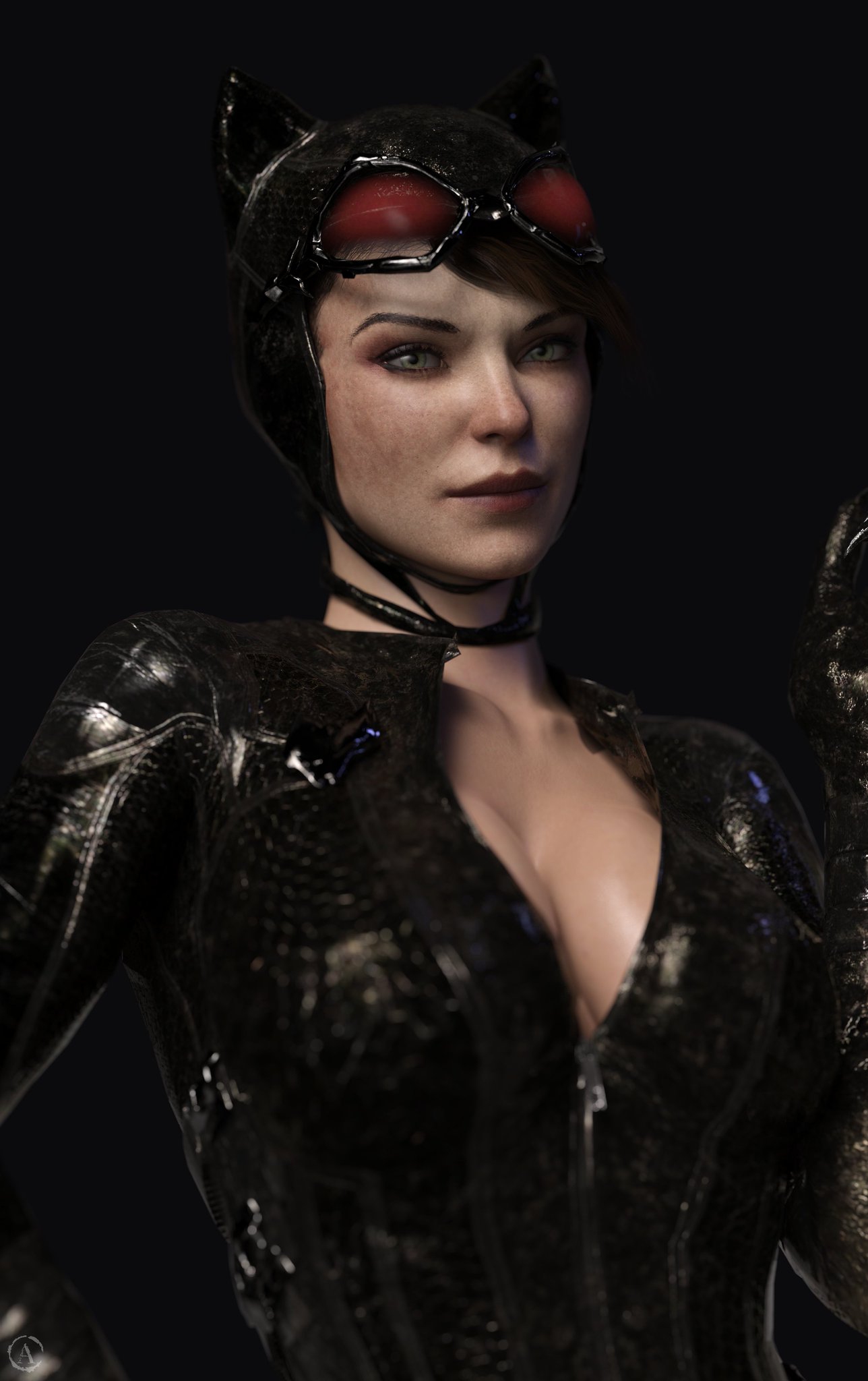 1girls, 3d, alf3d, batman (series), batman: arkham knight, catwoman, catwoman (arkham knight), catwoman (arkham), chest, cropped torso, dc, dc comics, eyes, eyewear, female, front view, goggles, goggles on head, human, light skin, light-skinned female, lips, red-tinted eyewear, selina kyle, solo, upper body