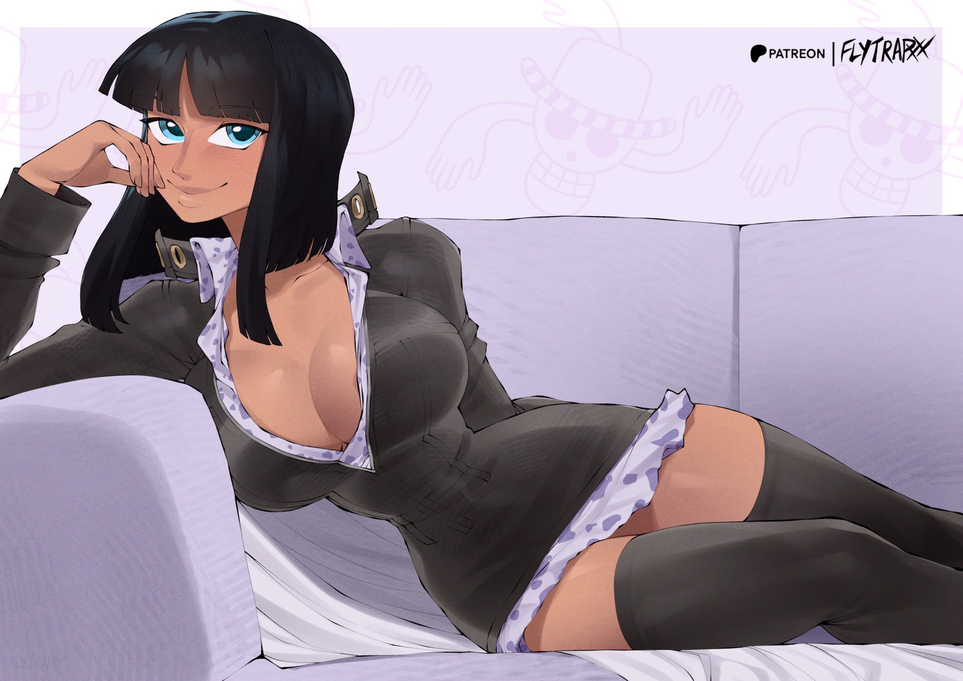 1girls, bangs, big breasts, black hair, blue eyes, blush, breasts, cleavage, clothed, clothing, color, female, female focus, female only, flytrapxx, hi res, large breasts, long hair, looking at viewer, nico robin, on side, one piece, pre-timeskip, shounen jump, sitting, sitting on lap, smile, solo, solo female, tagme, thick thighs, thighhighs, water 7