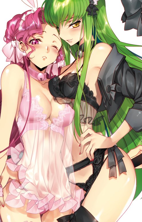 2girls animal_ears black_bra black_legwear blush bra breasts c.c. cleavage code_geass covered_nipples creayus euphemia_li_britannia green_hair hairband lingerie long_hair medium_breasts multiple_girls nail_polish negligee one_eye_closed panties pink_bra pink_eyes pink_hair pink_panties rabbit_ears shiny shiny_skin tail underwear yellow_eyes