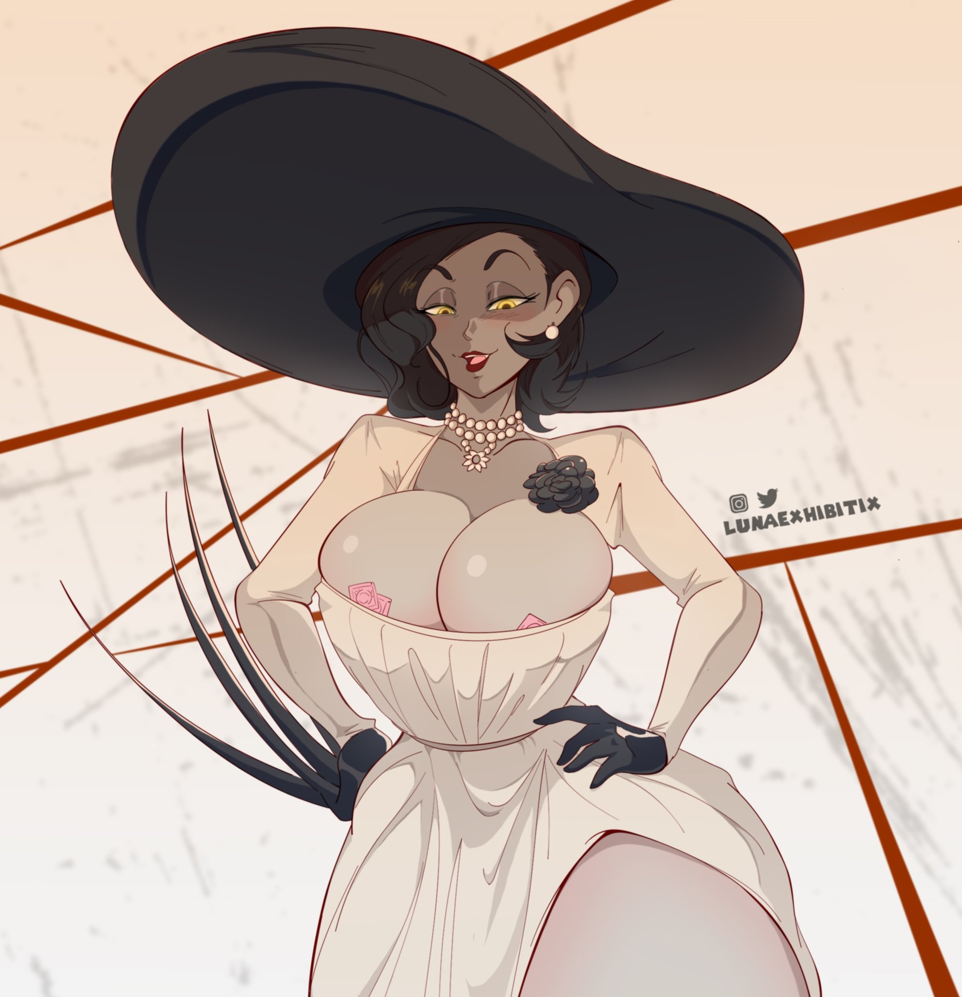 1girls, 2021, alcina dimitrescu, big breasts, black hair, blush, breasts, capcom, claws, cleavage, condom, dress, earrings, female, female only, hands on hips, hat, hi res, large hat, light skin, light-skinned female, long claws, lunaexhabbitix, pale skin, pale-skinned female, pearl necklace, red lipstick, resident evil, resident evil 8: village, solo, thick thighs, wide hips, yellow eyes