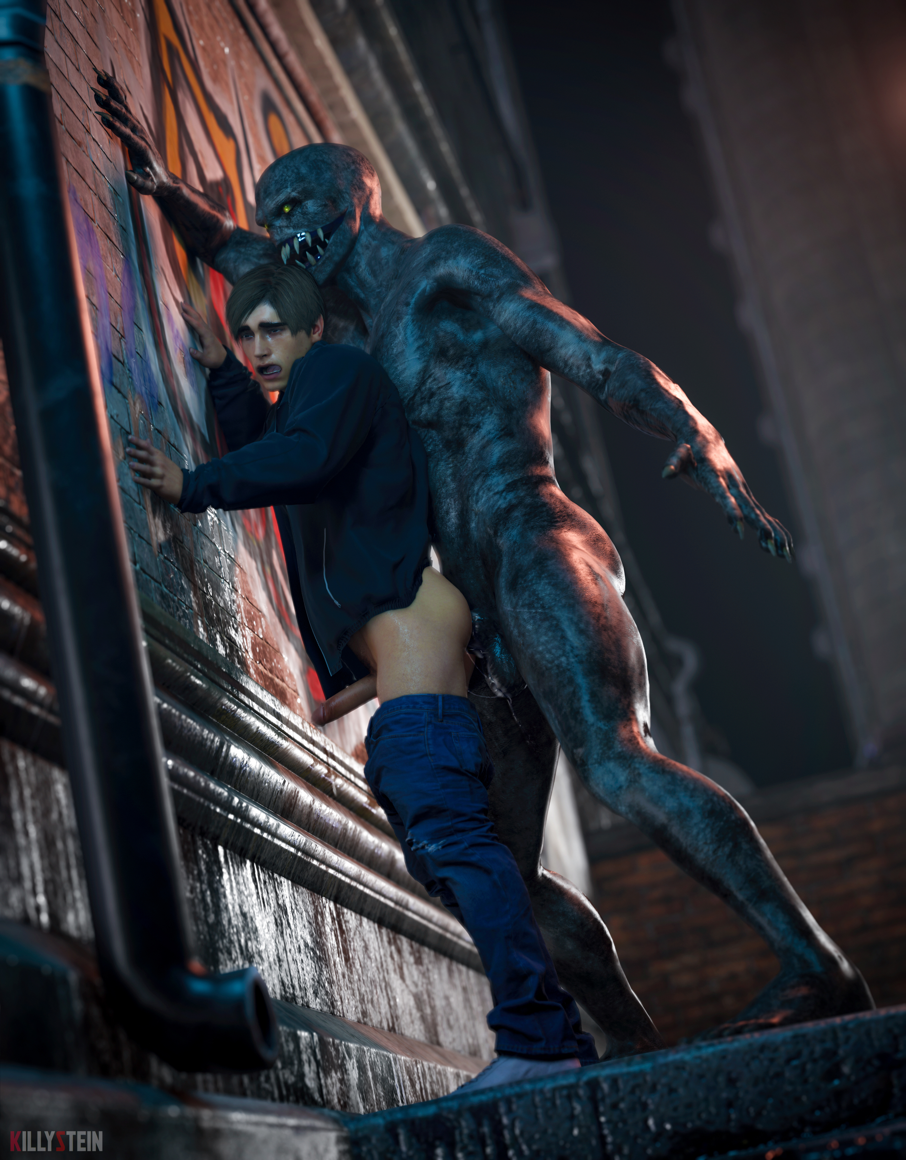 1boy, 1monster, 3d, 3d (artwork), anal, anal sex, balls, capcom, clothed sex, erect while penetrated, erection, from behind, gay, killystein, leon scott kennedy, leon scott kennedy (eduard badaluta), male, male human/male monster, male only, male penetrated, monster, open mouth, pants down, penetration, penis, precum, precum drip, precum on balls, regenerador, resident evil, resident evil 2, resident evil 2 remake, resident evil 4, size difference, standing, standing sex, yaoi