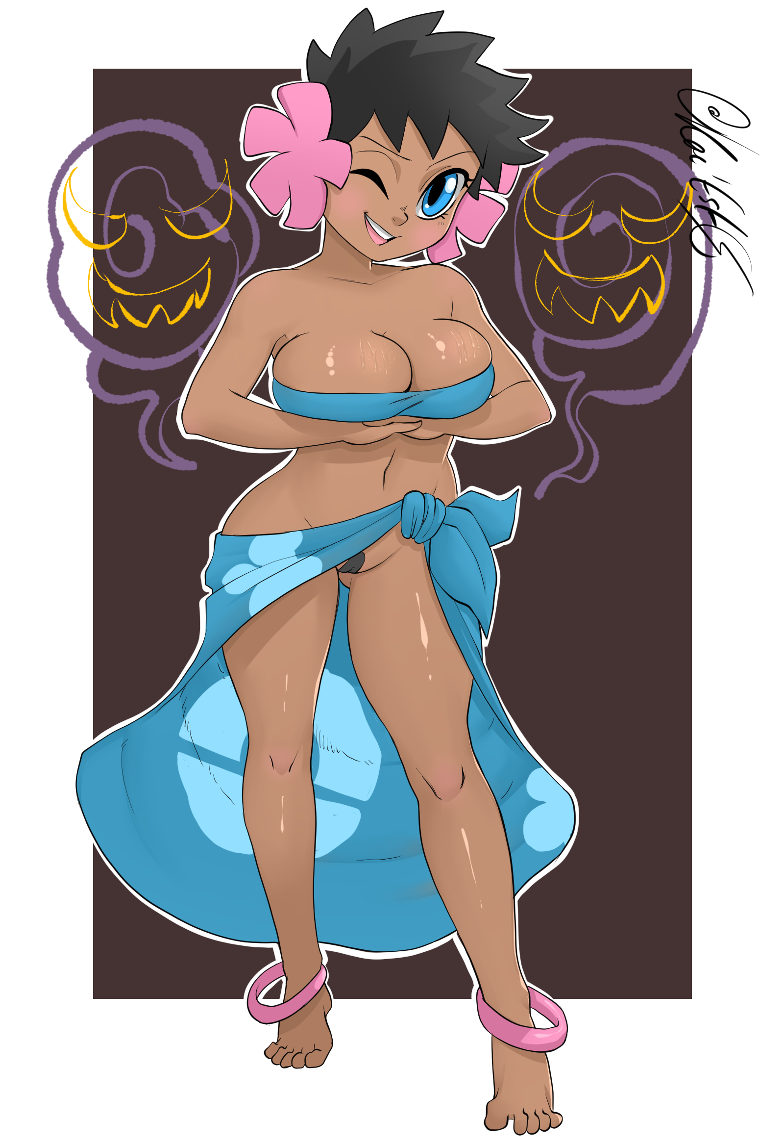 1girls, bandeau, bandeau bikini, barefoot, black hair, blue eyes, dark skin, dark-skinned female, female, kae-est art, phoebe (pokemon), pokemon, sarong, short hair