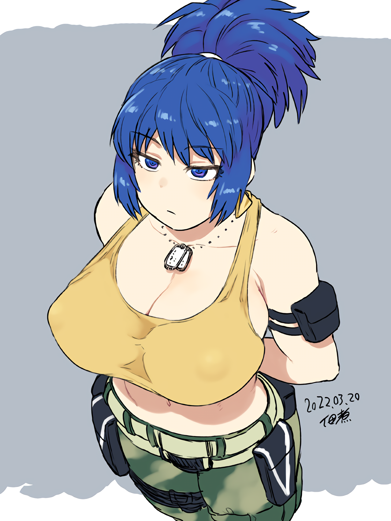 1girls, arms behind back, bare shoulders, big breasts, blue eyes, blue hair, breasts, busty, cleavage, female, female only, king of fighters, large breasts, leona heidern, midriff, navel, pants, ponytail, snk, solo, tank top, tsukudani (coke-buta)