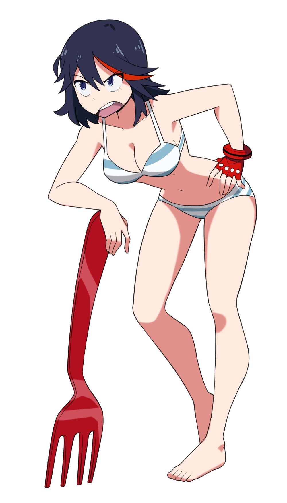 1girls accurate_art_style breasts cleavage female female_focus female_only flowerpigeon73 fork funny kill_la_kill matoi_ryuuko one_glove solo striped_underwear underwear