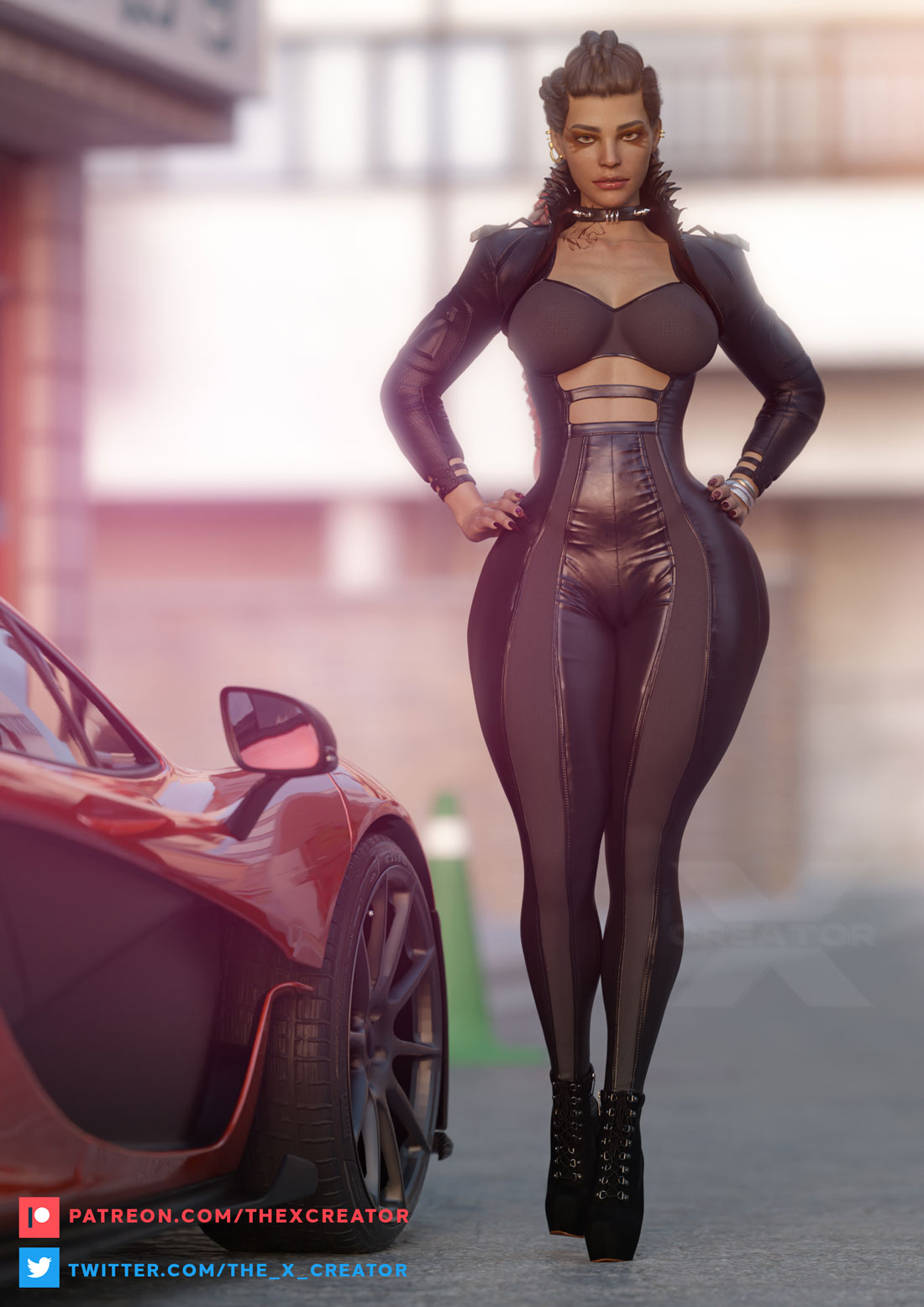 1girls, 3d, apex legends, artist name, ass, athletic, big ass, big breasts, breasts, car, collar, dark skin, dark-skinned female, facing viewer, female, female only, fit, fit female, high heel boots, high heels, human, large ass, large breasts, latina, loba (apex legends), looking at viewer, outdoors, patreon username, platform heels, solo, the x creator, thick thighs, tight pants, twitter username, wide hips