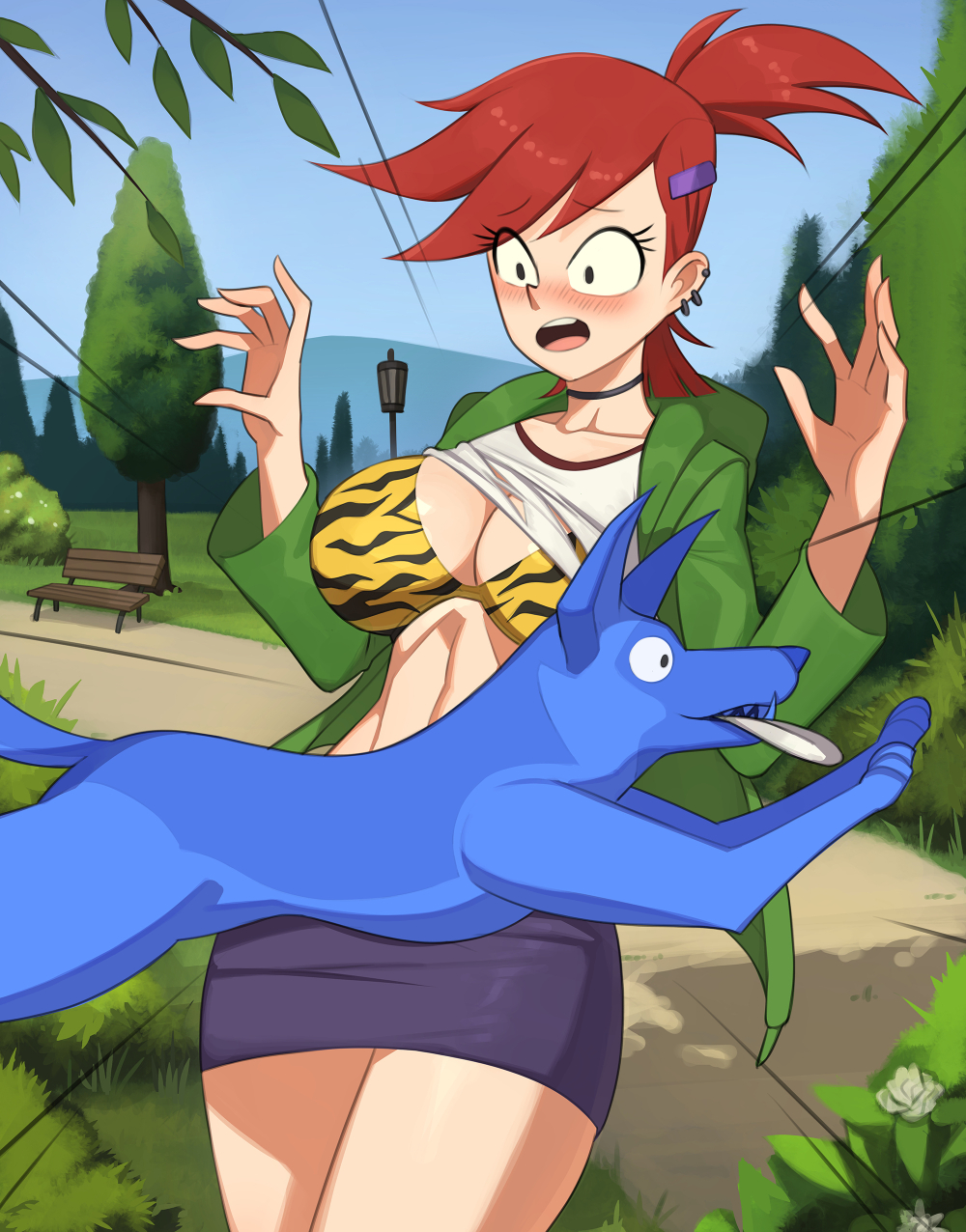 1girls, animal print, barleyshake, big breasts, bikini, bikini top, black eyes, blush, blushing, bra, breasts, canine, cartoon network, clothing, female, fossil pokemon, foster's home for imaginary friends, frankie foster, fully clothed, huge breasts, large breasts, male, monster boy, ponytail, red hair, tagme, undressing