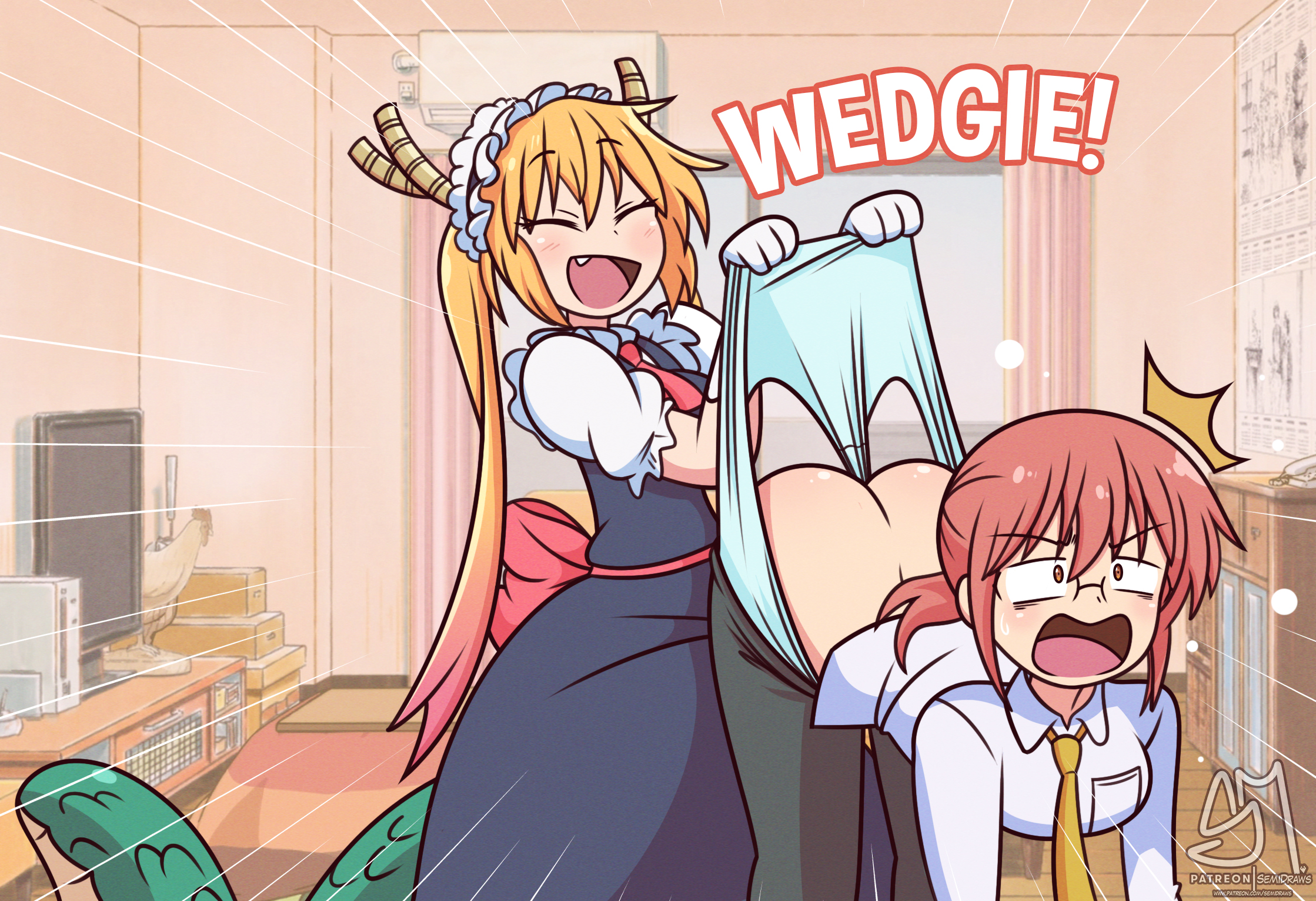 2girls, air conditioner, artist logo, ass, big ass, blue panties, blush, breasts, curtains, dragon girl, dragon horns, dragon tail, female, female human, flat screen tv, glasses, kobayashi, living room, medium breasts, miss kobayashi's dragon maid, multiple females, multiple girls, panties, panty pull, patreon, red eyes, red hair, semidraws, surprised, telephone, tohru (dragon maid), very long hair, wedgie, window