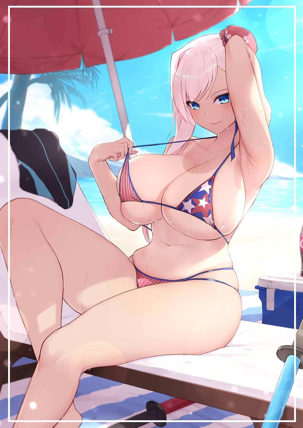 armpits, ass, big ass, big breasts, bikini, blue eyes, breasts, fate (series), fate/grand order, female, fer ei, looking at viewer, miyamoto musashi (fate), miyamoto musashi (swimsuit berserker), smile, sweat, thick thighs, undersized clothes, white hair