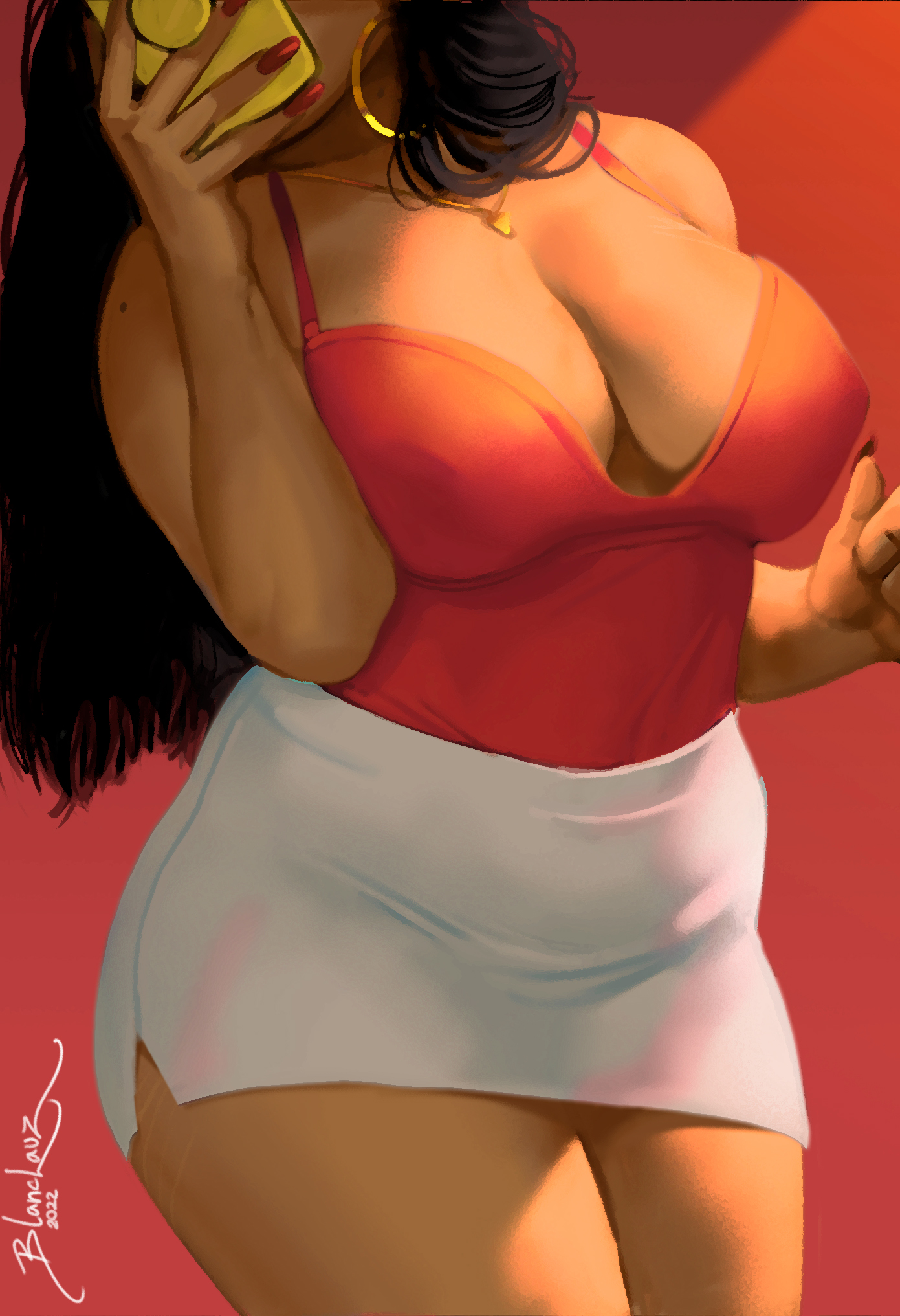 1girls, areolae, big breasts, blanclauz, breasts, character request, chubby, dark skin, dark-skinned female, female, female only, large breasts, nipples, original, original character, selfie, solo