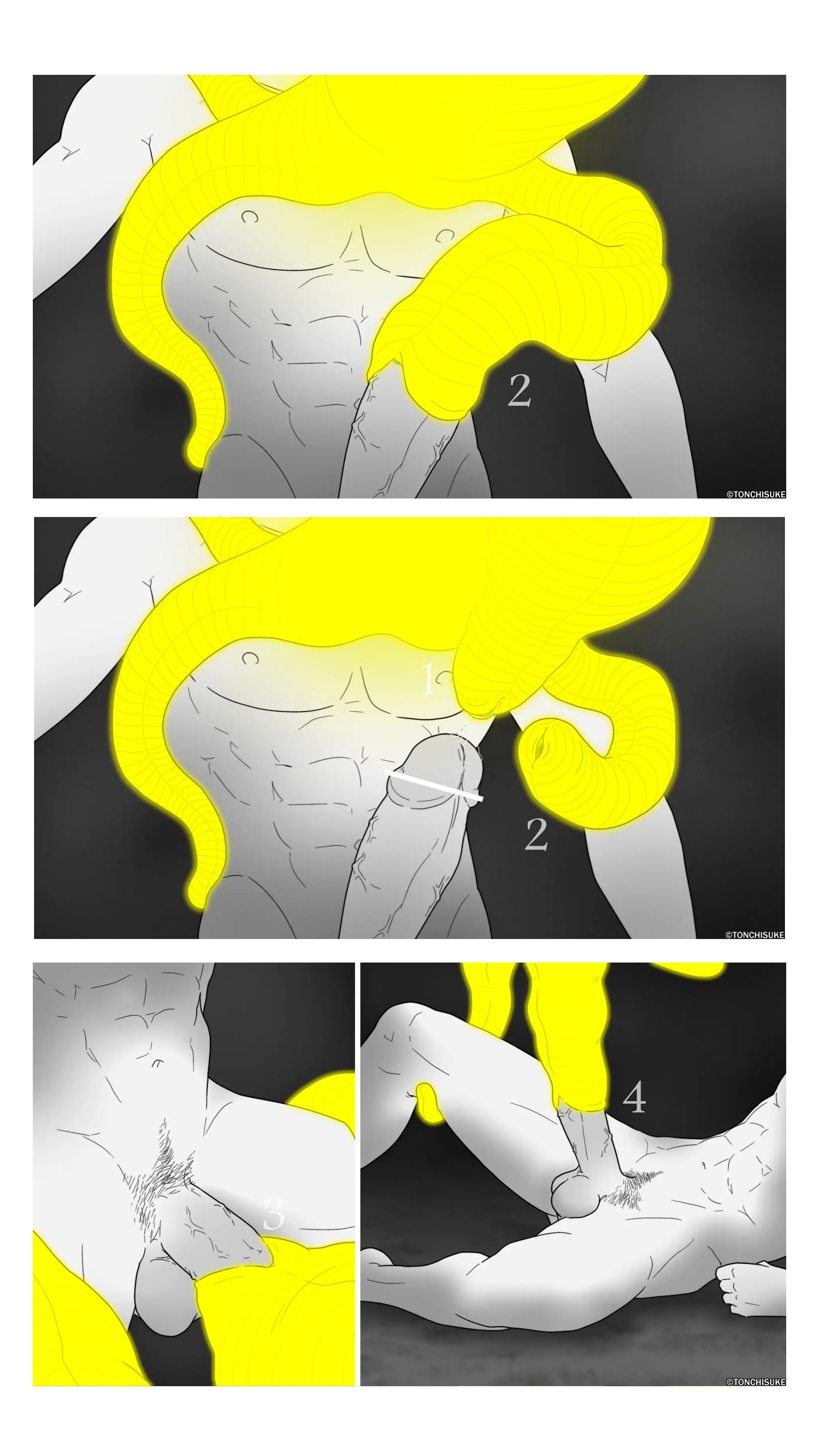 1boy, 1monster, abs, balls, bara, big balls, big penis, black hair, blowjob, censored, comic, comic strip, cum, cum inside, dick, erection, fellatio, fellatio from feral, feral, feral on human, hi res, human, human on feral, human penetrating, humanoid penis, living fleshlight, living onahole, long penis, lying down, male, male focus, male only, massive penis, milking, muscles, muscular, muscular male, naked, nipples, nude, octopus, onahole, onahole parasite, orgasm, original, original character, parasite, penis, penis milking, pubic hair, sitting, standing, star, starfish, sucking, suction, tentacle, tentacle monster, testicles, tonchisuke, underwear, veiny, veiny penis, yaoi