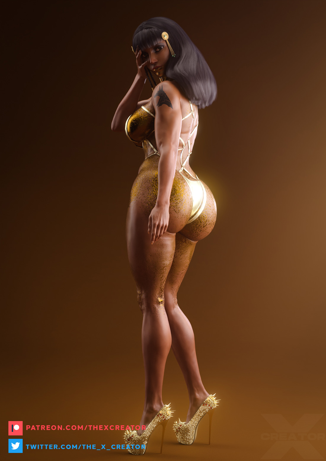 1girls, 3d, artist name, ass, athletic, big ass, big breasts, big butt, bikini, blizzard entertainment, body glitter, body paint, breasts, dark skin, dark-skinned female, egyptian, egyptian female, fareeha amari, female, female only, fit, fit female, high heels, human, large breasts, looking at viewer, nude, overwatch, pharah, rear view, solo, solo female, tattoo, the x creator, thick thighs