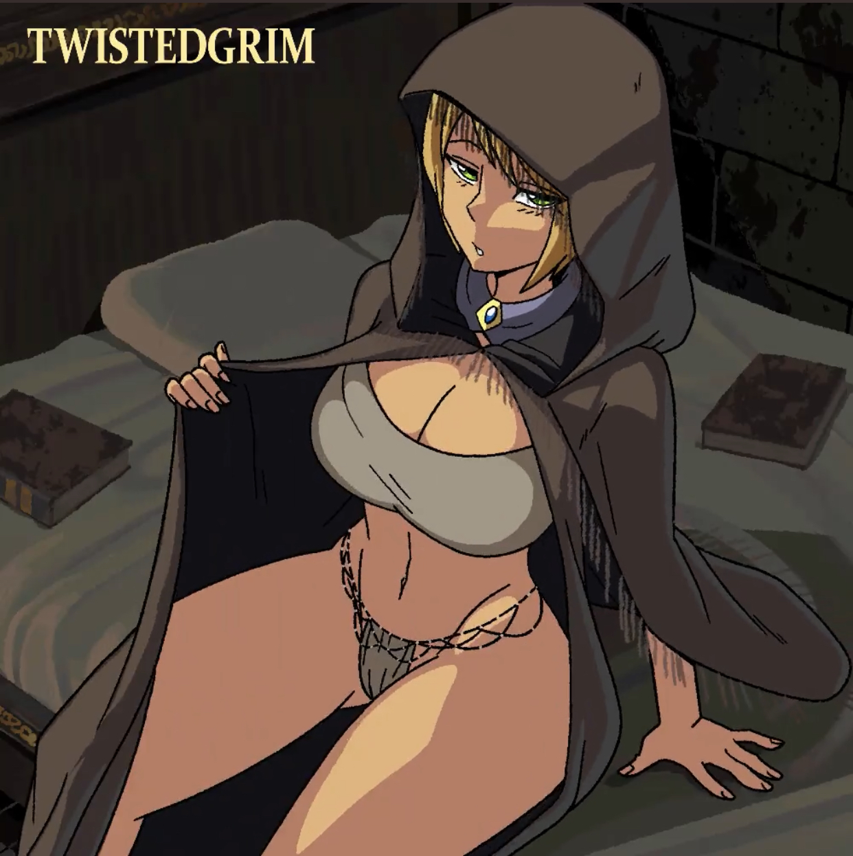 1girls, bikini, blonde hair, book, books, clothing lift, deathbed smalls, elden ring, female, fia the deathbed companion, fromsoftware, green eyes, hand lifting cloak, hood, hooded cloak, looking at viewer, on bed, open clothes, panties, sitting, sitting on bed, sleeves, twistedgrim, underwear