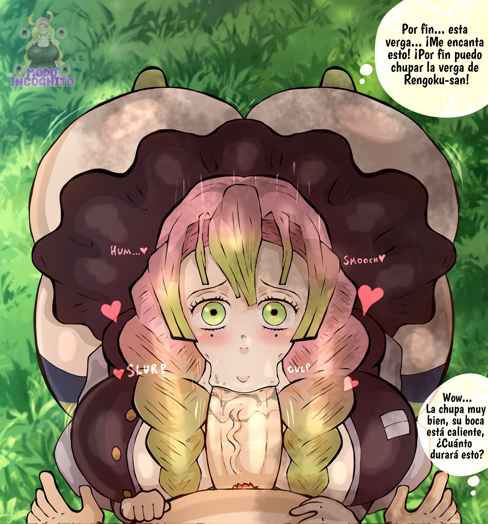 :>=, 1boy, 1girls, angry dragon, ass, big breasts, black panties, blonde female, blush, breasts, comic page, demon slayer, fellatio, female, front view, huge ass, jiggling ass, kanroji mitsuri, kimetsu no yaiba, large ass, light green hair, looking at viewer, looking back, male, male pov, oral, penis, pink hair, pov, rengoku kyoujurou, sex, spanish text, theodyss, thumbs up