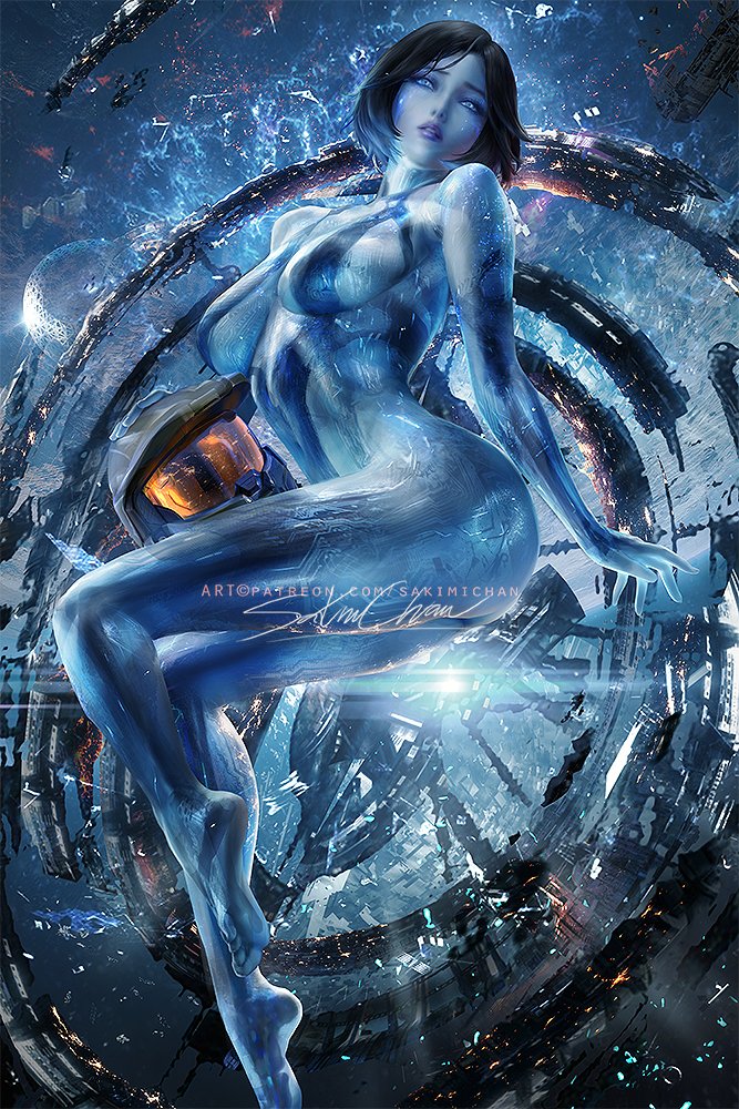 1girls, 2d, artificial intelligence, blue eyes, blue skin, breasts, cortana, female, female focus, female only, halo, halo (series), hologram, sakimichan, short hair, tagme