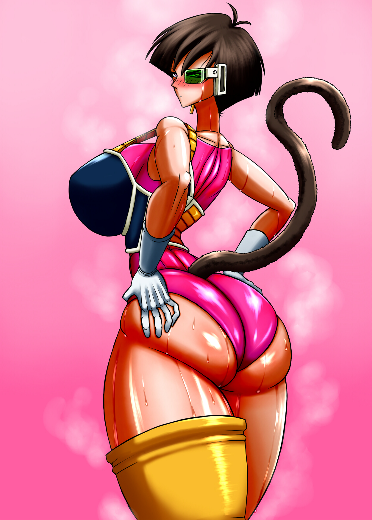 1girls, ahoge, armor, artist request, ass, bare shoulders, blush, breasts, brown hair, cowlick, dragon ball, dragon ball z, earrings, female, female focus, gloves, green-tinted eyewear, hand on ass, huge ass, huge breasts, jewelry, large breasts, looking at viewer, looking back, saiyan, saiyan armor, saiyan tail, scouter, seripa, short hair, sole female, solo, solo focus, sweat, sweaty, tail, thick ass, thick thighs, thighhighs, thighs, tinted eyewear, white gloves