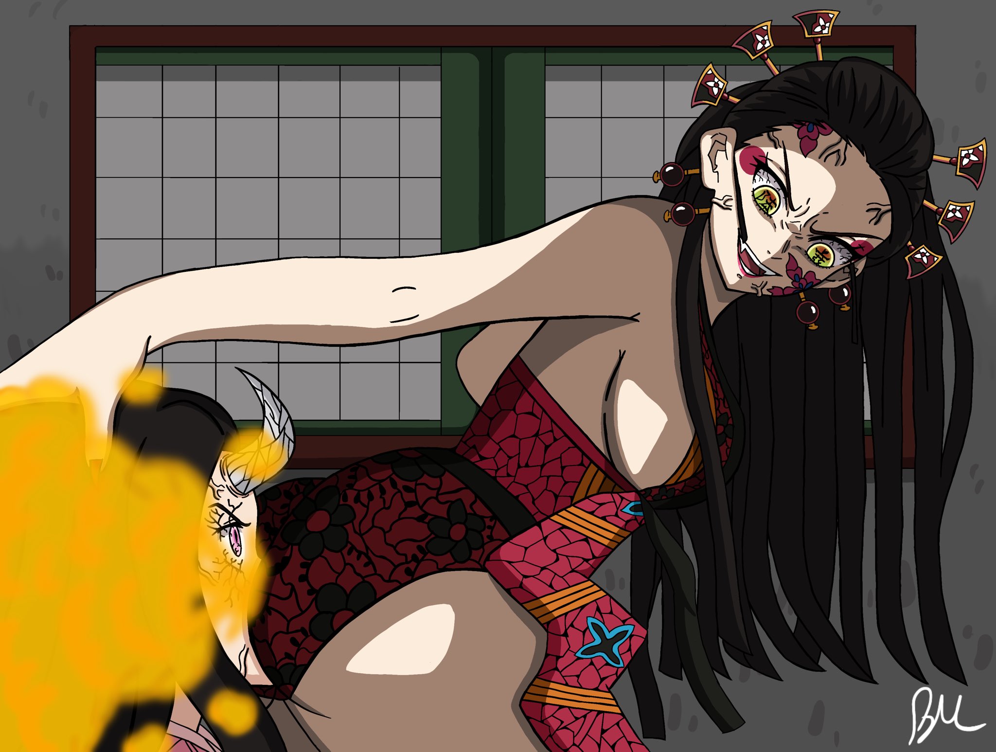 2girls, ass, beanermane, big ass, big butt, black hair, daki (kimetsu no yaiba), demon, demon girl, demon slayer, face in ass, fart, fart cloud, fart fetish, farting, farting in face, female, green eyes, hand on head, horn, kamado nezuko, kimetsu no yaiba, looking back, multiple females, multiple girls, open mouth, pink eyes, smile, yuri