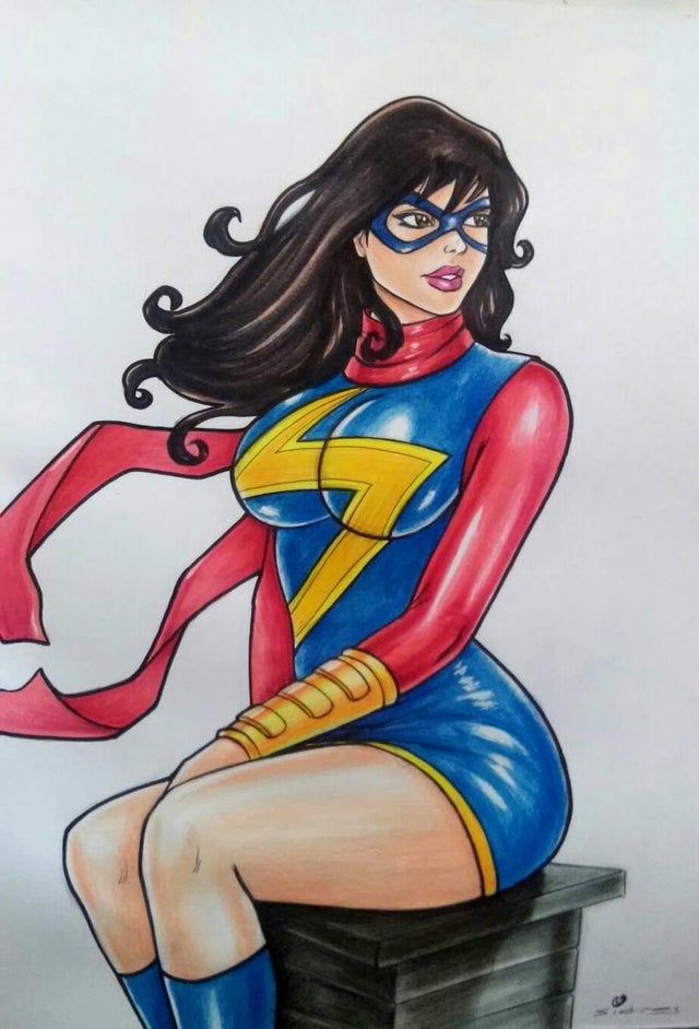 alternate_skin_color boots bracelet breasts brown_eyes brown_hair drawn kamala_khan legs marvel marvel_comics ms._marvel ms._marvel_(kamala_khan) pinup scarf sidneydesenhus white_wash