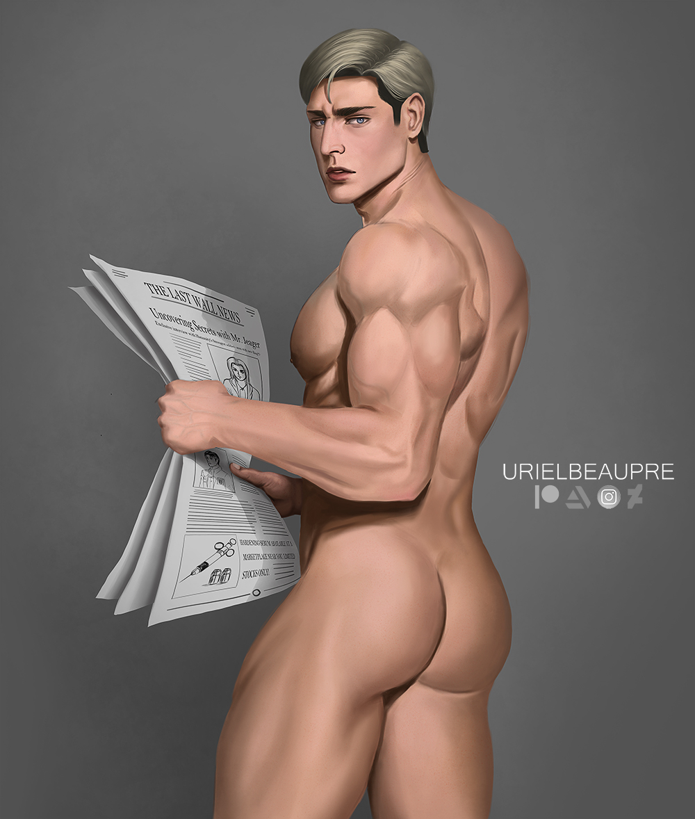 1boy ass attack_on_titan bare_ass blonde_hair completely_nude erwin_smith looking_at_viewer looking_back male male_only muscular muscular_male naked no_underwear no_visible_genitalia nude nude_male shingeki_no_kyojin solo solo_focus urielbeaupre