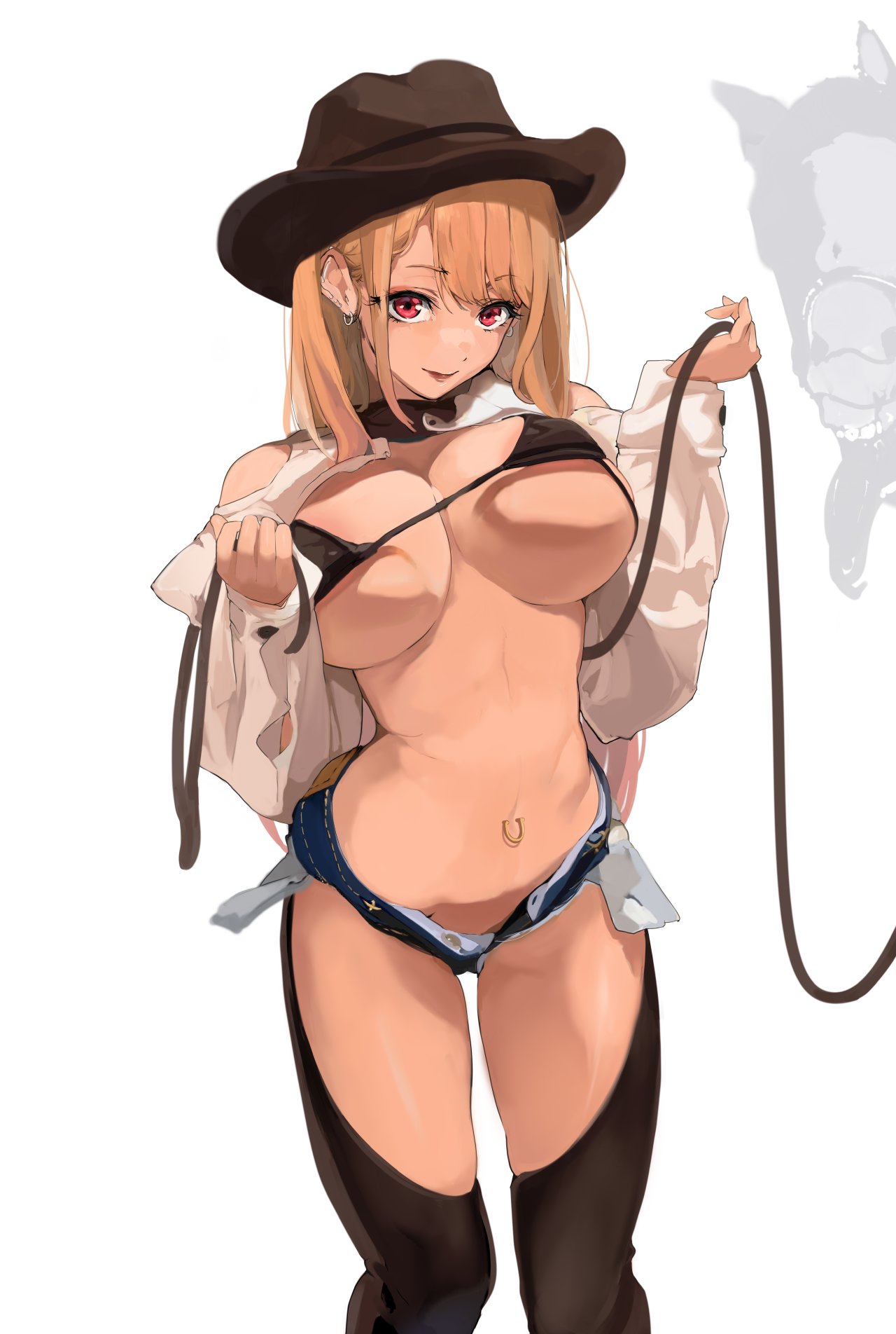 1animal, 1girls, belly piercing, big breasts, blonde hair, breasts, cowboy hat, cowboy outfit, cowboy shot, earrings, female, fringe, horse, imminent bestiality, kitagawa marin, long hair, mamimi (artist), mamimi (mamamimi), red eyes, shorts, sono bisque doll wa koi wo suru, tagme, zoophilia