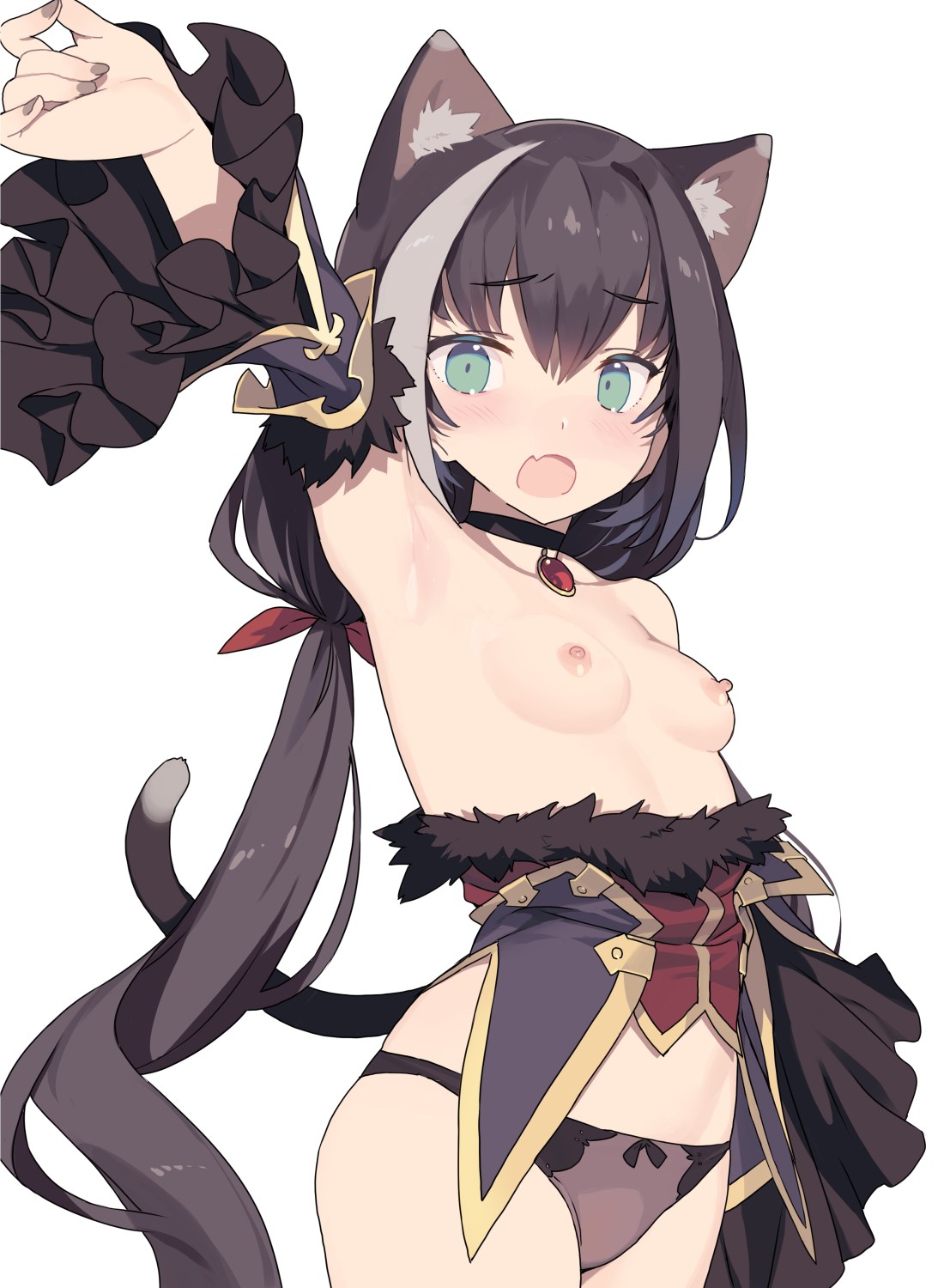 animal ears, armpits, bare shoulders, black choker, black hair, black panties, blade (galaxist), bow, bow panties, breasts, cat ears, cat tail, choker, collarbone, detached sleeves, eyebrows visible through hair, female, green eyes, highres, karyl (princess connect!), long hair, low twintails, multicolored hair, nipples, oerba yun fang, open mouth, panties, princess connect!, red ribbon, ribbon, simple background, skin fang, small breasts, solo, streaked hair, tail, twintails, underwear, very long hair, white background, white hair
