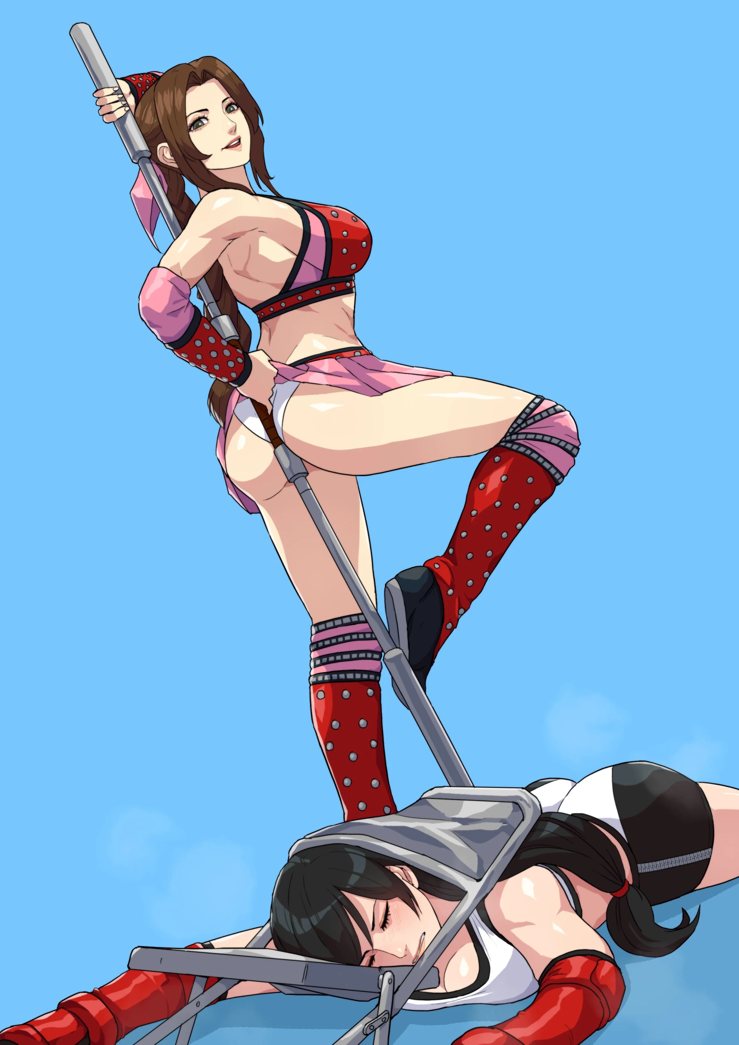 2girls, aerith gainsborough, after fight, ass, big ass, big breasts, breasts, catfight, chair, cirenk, clothing, female, female only, final fantasy, final fantasy vii, final fantasy vii remake, light skin, light-skinned female, multiple females, multiple girls, showing off, sleeping, square enix, tifa lockhart, tight clothing, unconscious