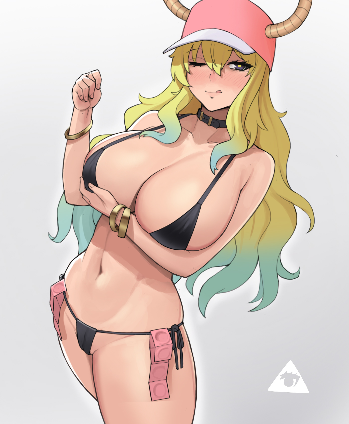 1girls, bikini, blonde hair, blush, breasts, cleavage, condom, condom packet strip, donburikazoku, female, large breasts, lucoa, miss kobayashi's dragon maid, one eye closed, quetzalcoatl (dragon maid), solo, thick thighs, tongue, tongue out