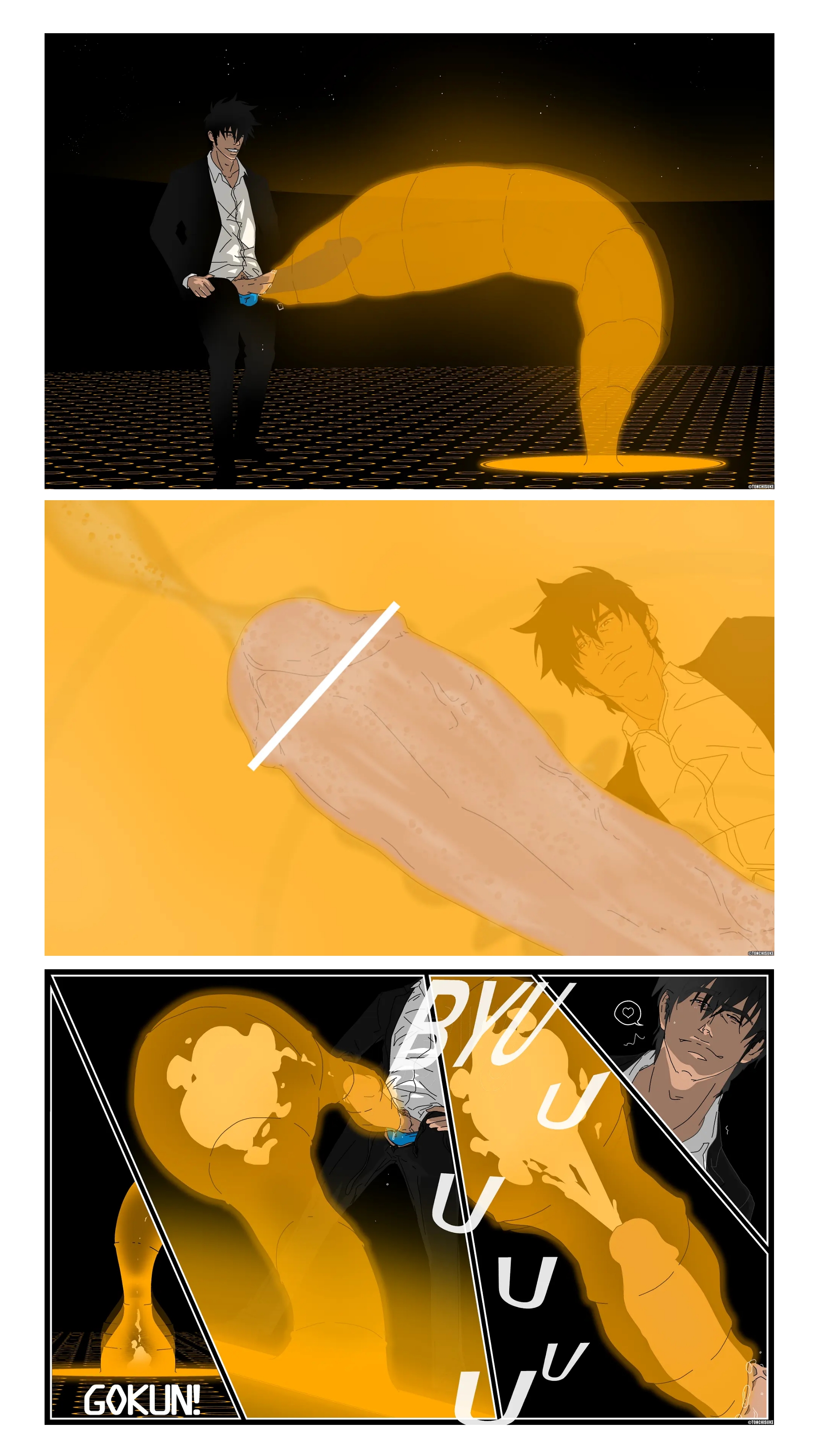 1boy, 1monster, bara, big penis, black hair, blowjob, censored, comic, comic strip, cum, cum inside, cumshot, dark skin, dark-skinned male, dick, ejaculation, erection, faceless character, feral, feral on human, hi res, human, human on feral, human penetrating, humanoid penis, living fleshlight, living onahole, long penis, male, male focus, male only, massive penis, milking, muscles, muscular, muscular male, naked, nude, octopus, onahole, orgasm, original, original character, parasite, penis, penis milking, plain background, pubic hair, standing, sucking, suction, tan skin, tentacle, tentacle monster, tonchisuke, white background, x-ray, yaoi