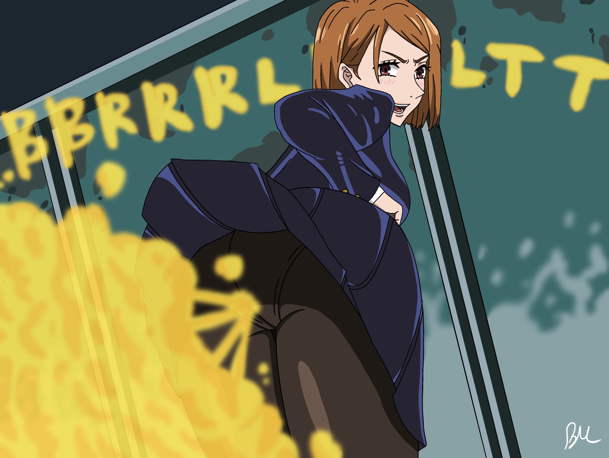 1girls, beanermane, blush, brown eyes, brown hair, fart, fart cloud, fart fetish, farting, female, femdom, jujutsu kaisen, kugisaki nobara, leggings, legwear, looking at viewer, looking back, open mouth, rear view, short hair, skirt, solo female