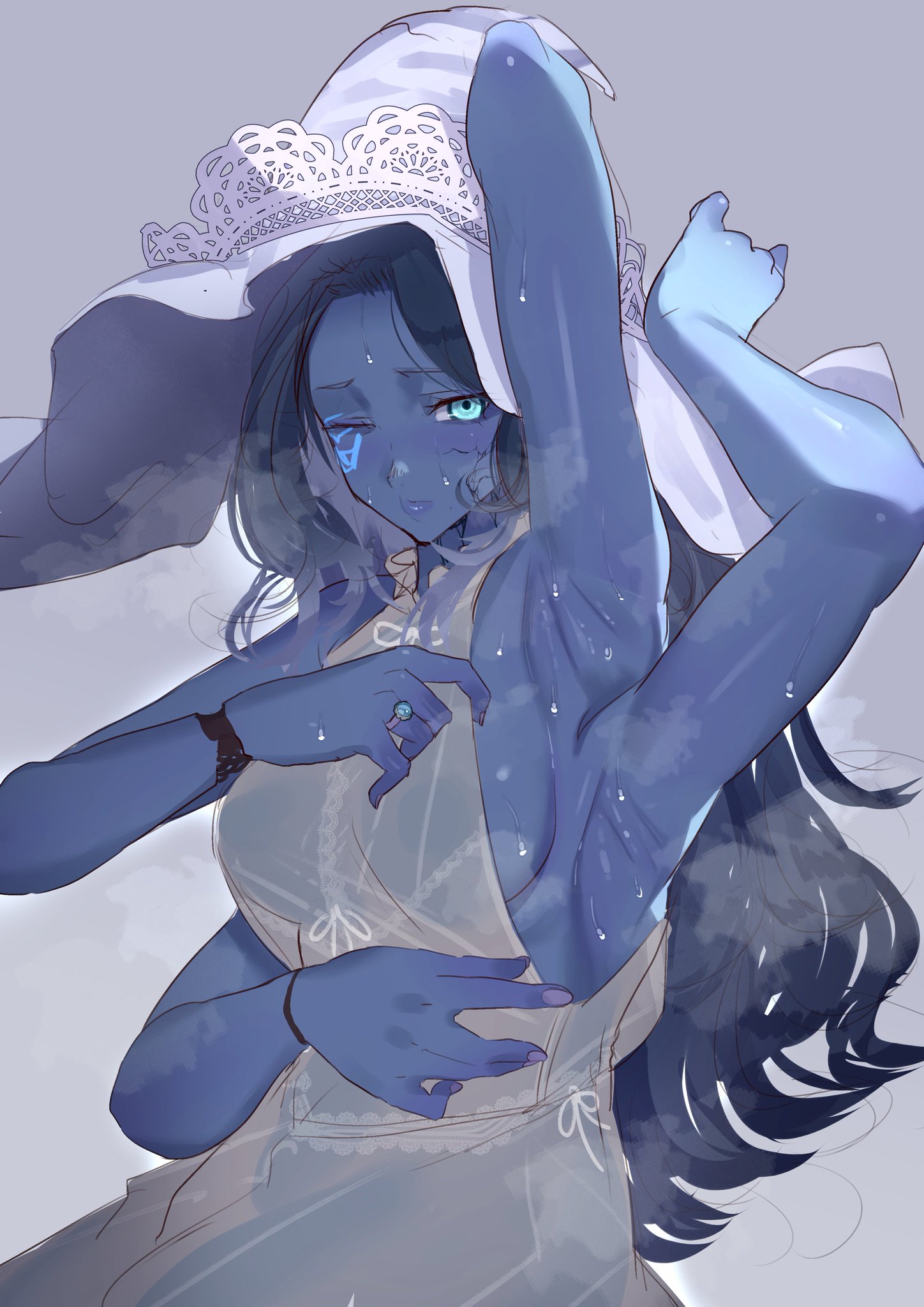 1girls, 2022, 2d, 4 arms, armpit fetish, armpit sweat, armpits, blue eyes, blue hair, blue skin, breasts, cleavage, dark moon ring, doll, doll joints, elden ring, female, female only, fromsoftware, gameplay mechanics, hat, kikimifukuri, large breasts, medium hair, micro bikini, multi arm, multi limb, navel, presenting armpit, purple nails, ranni the witch, ring, sagging breasts, side-tie bikini, sideboob, solo, steam, sweat, sweatdrop, sweaty, sweaty armpits, tagme, thick thighs, thighhighs, transparent clothing, wink, witch, witch hat