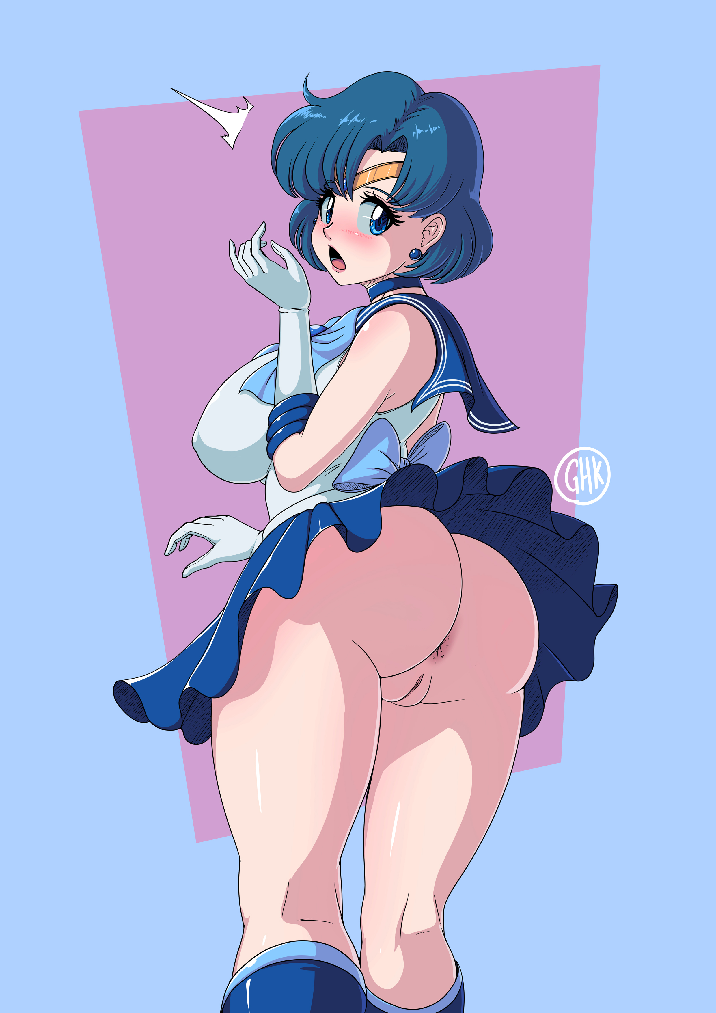 1girls, accidental exposure, ami mizuno, anus, ass, bare legs, bare thighs, big ass, big breasts, big butt, bishoujo senshi sailor moon, blue eyes, blue hair, blunt bangs, blush, boots, bottom heavy, breasts, bubble ass, bubble butt, clothing, crown, female, female only, ghkuinli, gloves, huge ass, large breasts, light skin, light-skinned female, looking back, magic, no panties, no underwear, nopan, omegalife, open mouth, petite, pussy, round ass, sailor mercury, shirt, short hair, skirt, skirt lift, solo, solo focus, upskirt, wind lift