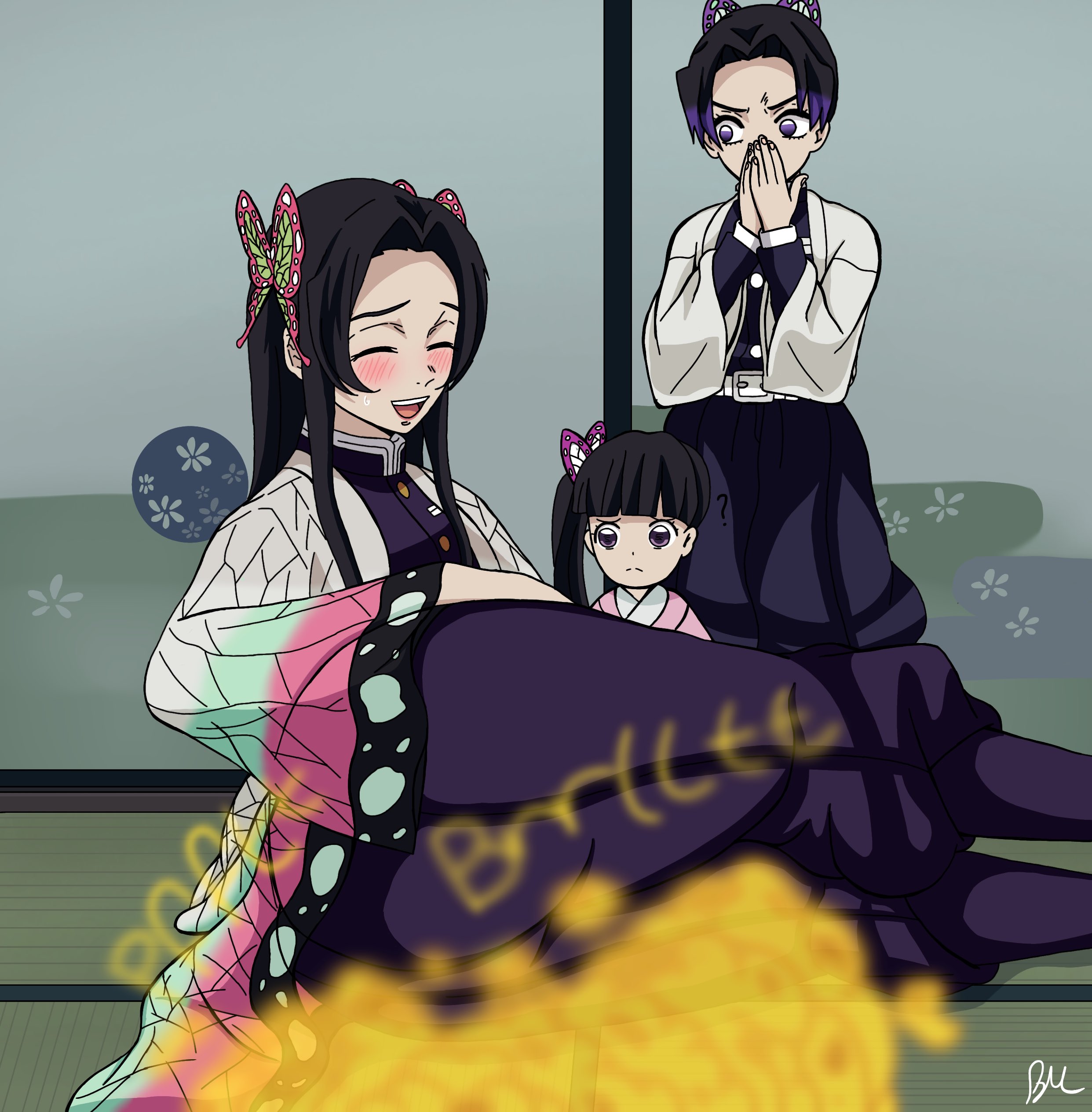 ?, 3girls, beanermane, black hair, blush, closed eyes, demon slayer, fart, fart cloud, fart fetish, farting, female, kimetsu no yaiba, kochou kanae, kochou shinobu, multiple females, multiple girls, open mouth, purple eyes, smile, tsuyuri kanao
