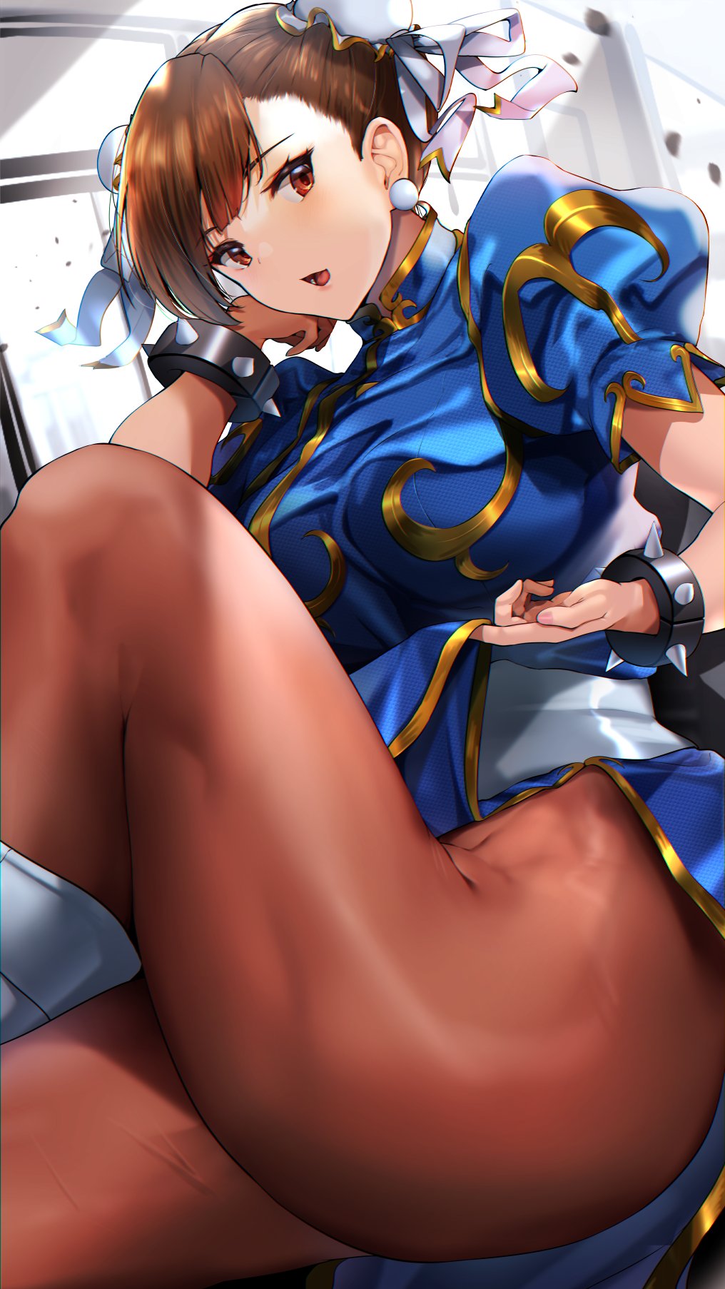 bangs bracelet breasts brown_eyes brown_hair bun_cover capcom china_dress chinese_clothes chun-li commentary_request double_bun dress earrings female fingernails gold_trim hair_ornament highres jewelry lips looking_at_viewer medium_breasts nonohachi open_mouth pantyhose puffy_short_sleeves puffy_sleeves shiny shiny_hair short_sleeves simple_background solo spiked_bracelet spikes street_fighter street_fighter_ii tied_hair