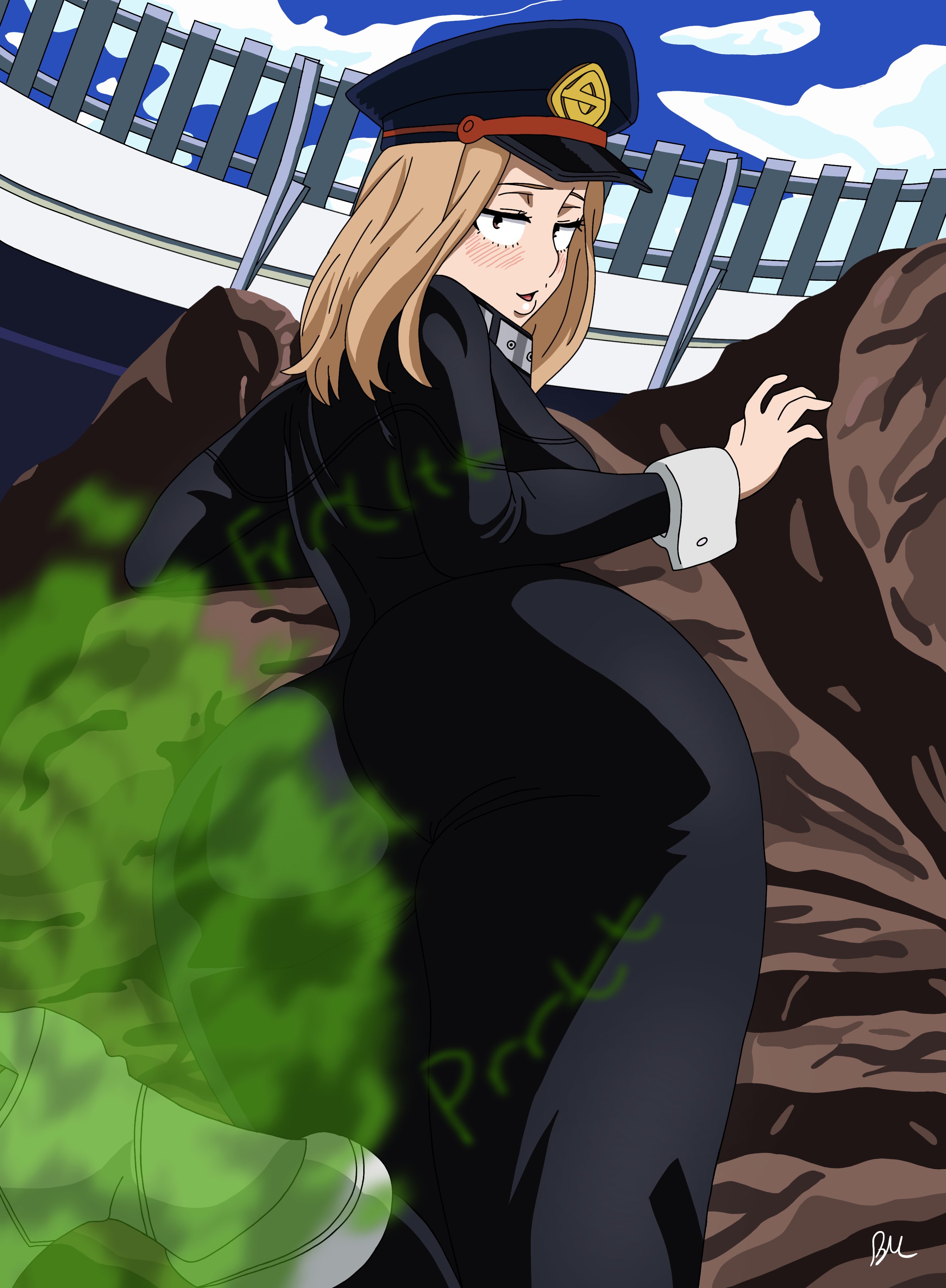 1girls, beanermane, blonde hair, blush, brown eyes, camie utsushimi, fart, fart cloud, fart fetish, farting, female, hat, looking at viewer, looking back, my hero academia, open mouth, rear view, shiketsu high school cap, solo female