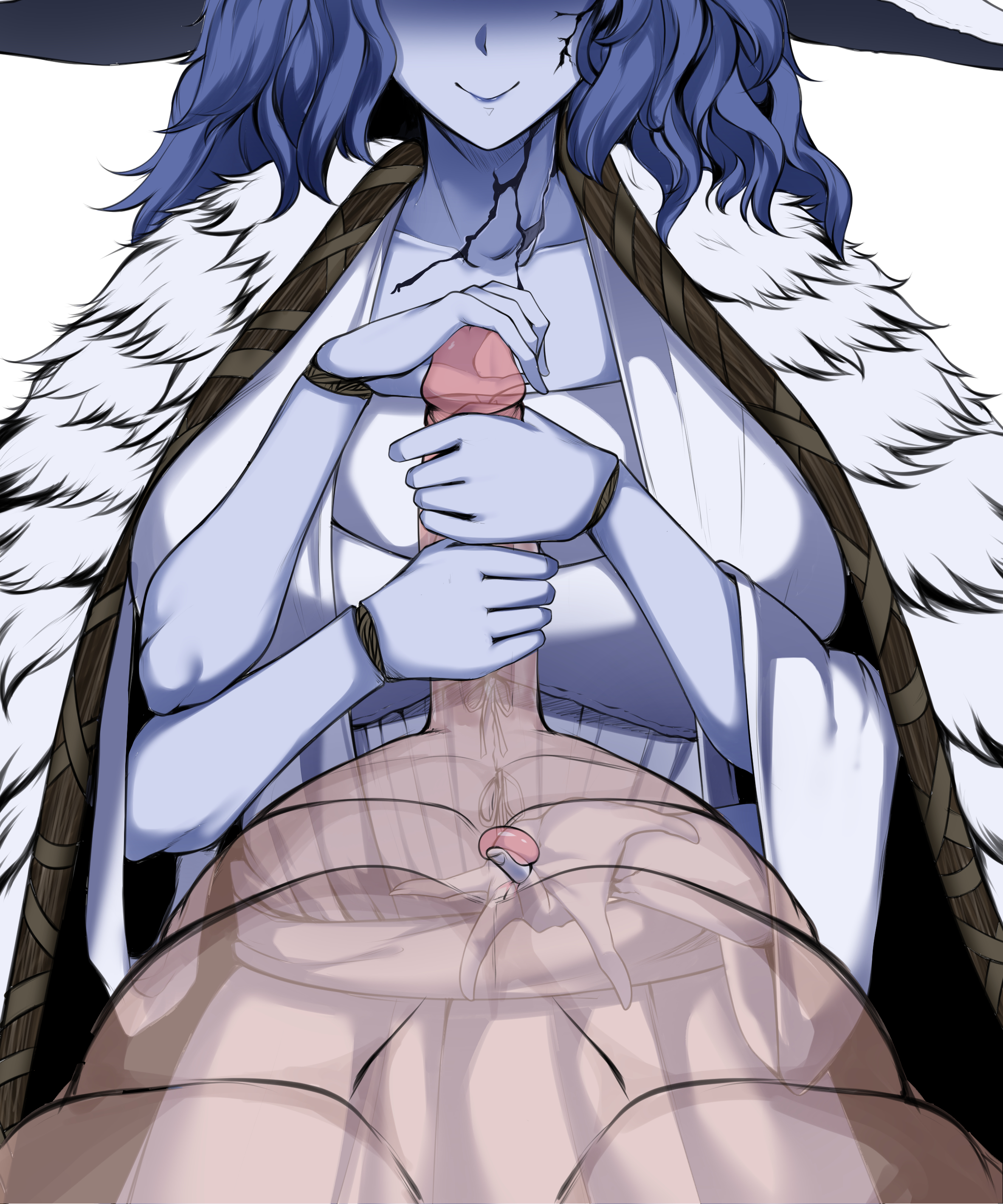 1boy, 1girls, 4 arms, abs, absurdres, big breasts, blue hair, blush, breasts, clothed female nude male, elden ring, erection, faceless female, female, femdom, fromsoftware, glans stimulation, glansjob, handjob, hat, highres, humanoid, long hair, male, multi arm, multi limb, owner (artist), palming, penis, prostate, prostate massage, prostate milking, prostate stimulation, ranni the witch, smile, transparent body, uncensored