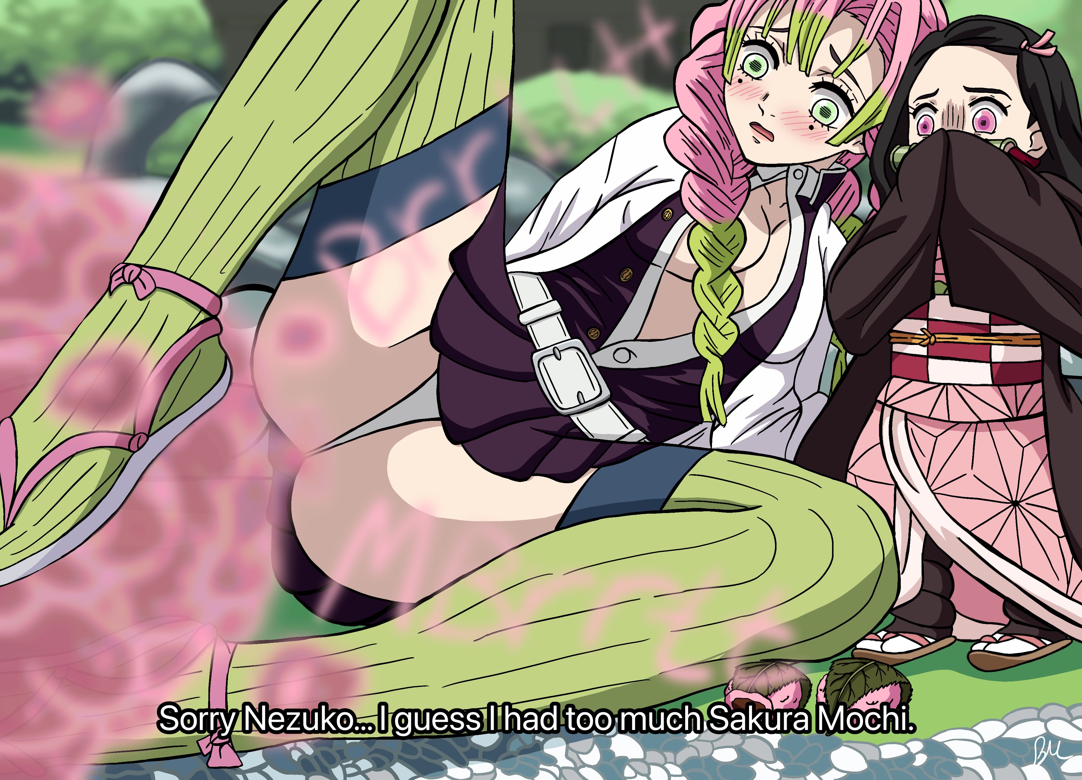2girls, beanermane, black hair, blush, braided hair, cleavage, demon slayer, english text, fart, fart cloud, fart fetish, farting, female, green eyes, kamado nezuko, kanroji mitsuri, kimetsu no yaiba, legwear, multiple females, multiple girls, open mouth, panties, pink eyes, pink hair, skirt, text, white panties