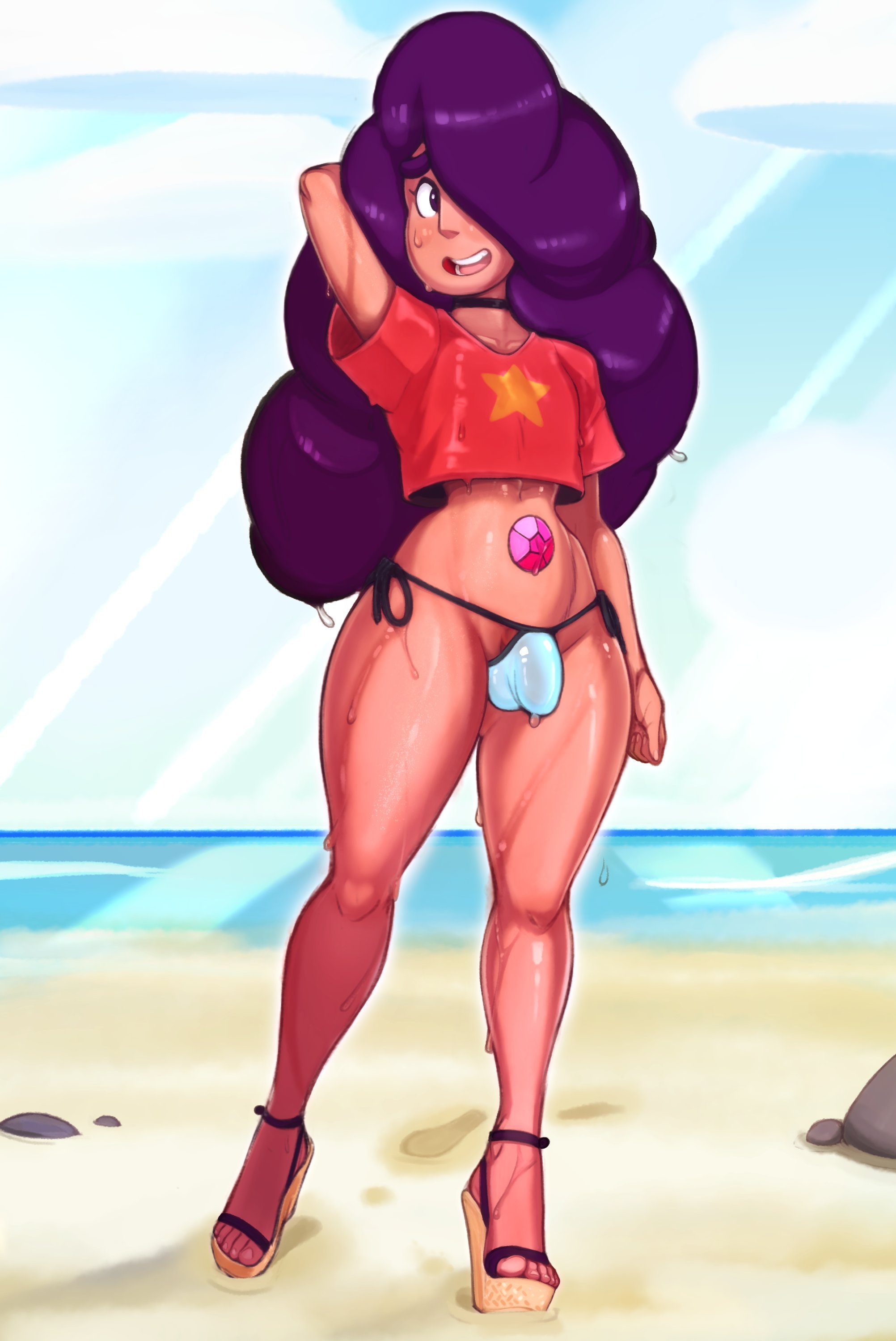 1futa, 1other, ambiguous gender, beach, bulge, cartoon network, choker, clothed, clothing, dark skin, dark-skinned futa, detailed, detailed shading, dickgirl, feet, flat chest, fusion, futa only, futanari, gem fusion, hair over one eye, heels, high heels, human, intersex, latina futa, light skin, light-skinned futa, light-skinned male, long hair, male, misplacedlines, open toe footwear, open toe heels, open toe shoes, open-toe heels, open-toe shoes, partially clothed, platform footwear, platform heels, platform sandals, platform shoes, sandals, solo, solo futa, standing, steven universe, stevonnie, thick thighs, toenails, toes, trap, wedge heels, wet, wet body, wet clothes, wet shirt, wide hips
