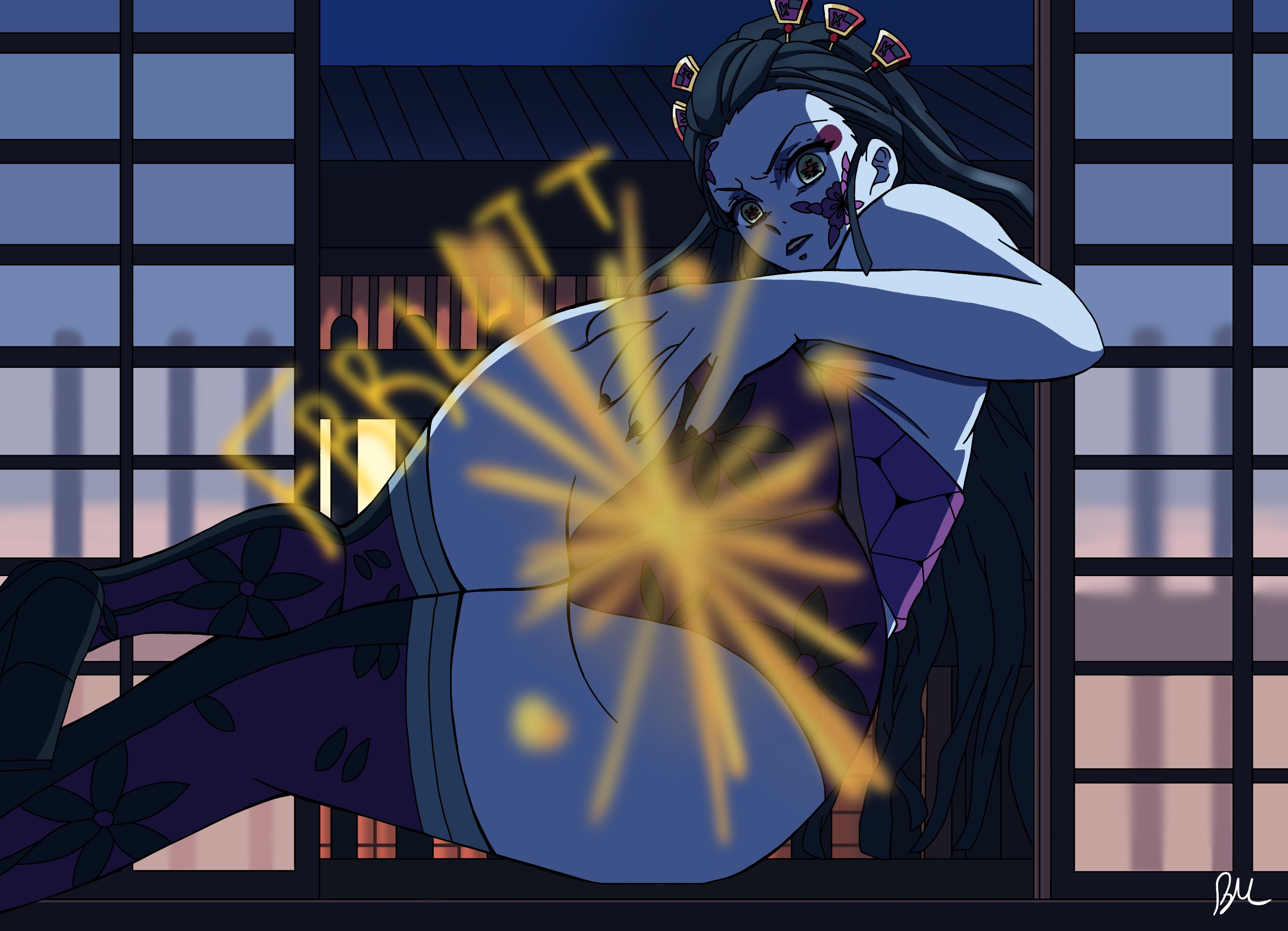 1girls, beanermane, black hair, daki (kimetsu no yaiba), demon slayer, fart, fart cloud, fart fetish, farting, female, grabbing own ass, kimetsu no yaiba, legwear, looking back, rear view, solo female
