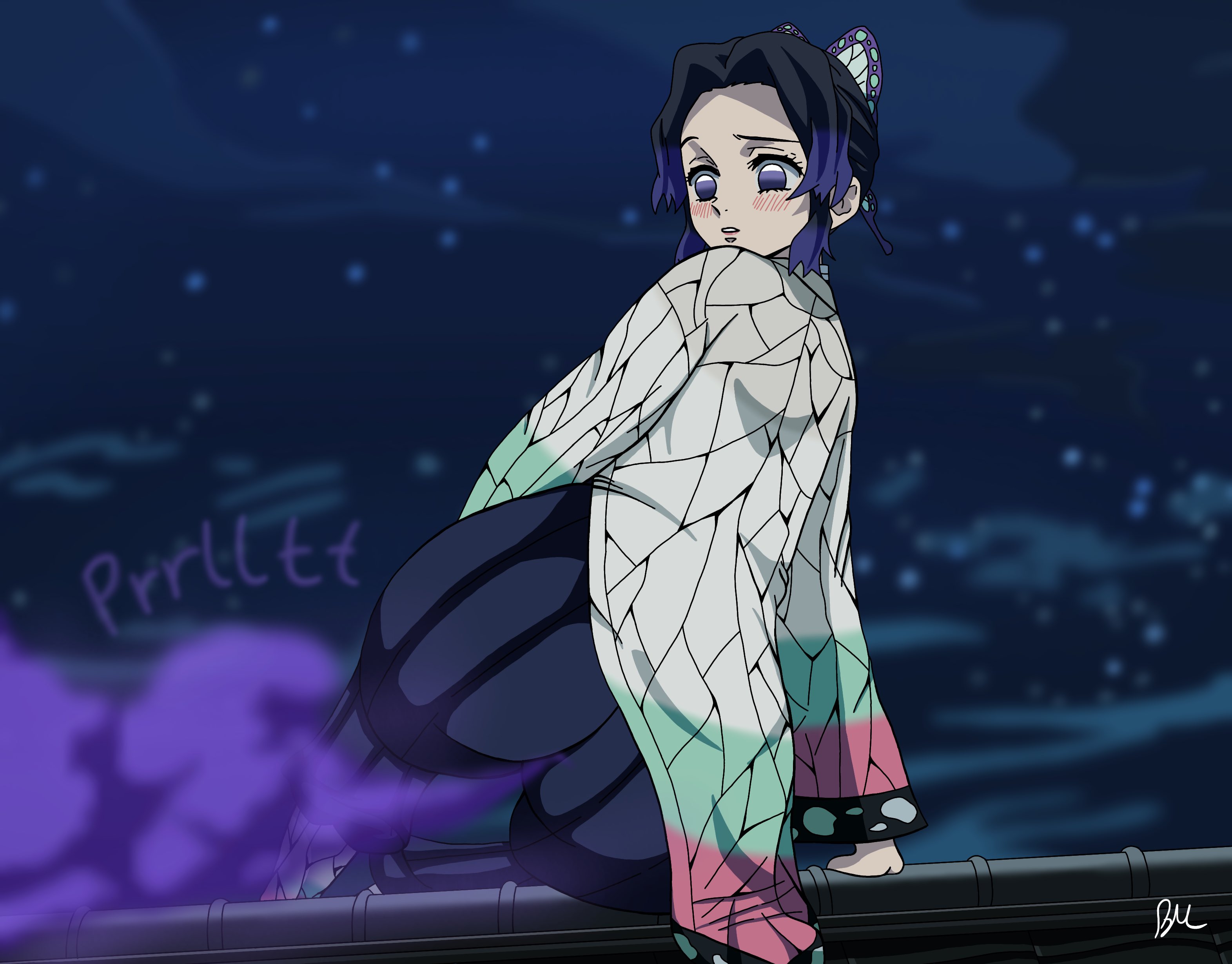 1girls, ass, beanermane, big ass, big butt, black hair, blush, bubble ass, bubble butt, demon slayer, fart, fart cloud, fart fetish, farting, female, kimetsu no yaiba, kochou shinobu, looking back, purple eyes, rear view, sitting, solo female