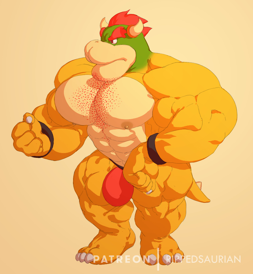 abs body_hair bodybuilder bowser bulge chest_hair claws flaccid hairy horns koopa male_only mario_(series) muscles muscular muscular_male nintendo nipples pecs red_eyes red_hair ripped-saurian solo solo_male stubble tail wrist_cuffs